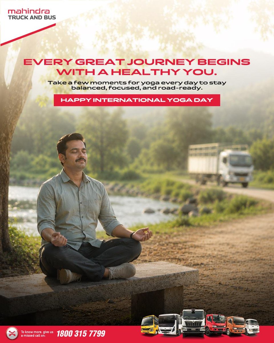 MahindraTrukBus's tweet photo. Long hours on the road can take a toll on the body. That's why taking a few minutes to stretch before starting your journey can make a real difference. This International Yoga Day take a moment to focus on your wellbeing before you hit the road.

#YogaDay #SochBadloTaqdeerBadlegi https://t.co/enzIYQYp0I