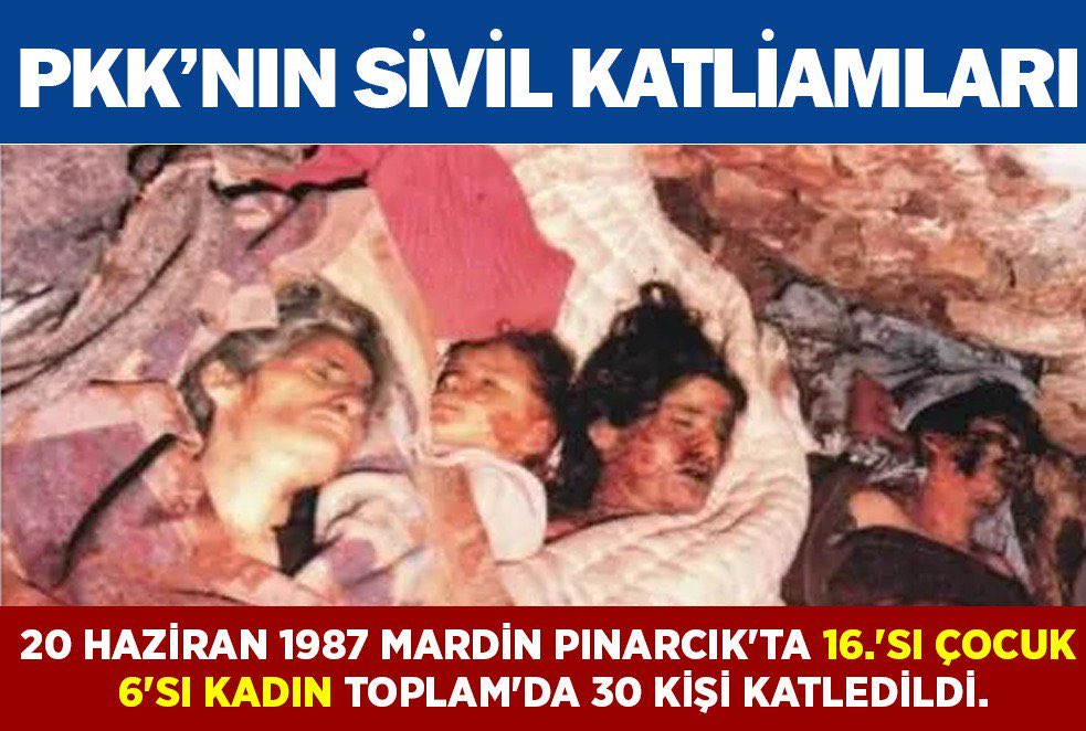 turkdegs's tweet photo. ‼️ TARİHTE BU GÜN… UNUTMADIK, UNUTMAYACAĞIZ!

20 Haziran 1987 tarihinde Mardin'in Ömerli ilçesine bağlı Pınarcık köyüne düzenlenen baskında, PKK teröristleri , 16'sı çocuk ve 6'sı kadın olmak üzere toplam 30 masum sivili katletti. https://t.co/Z69DJv660H
