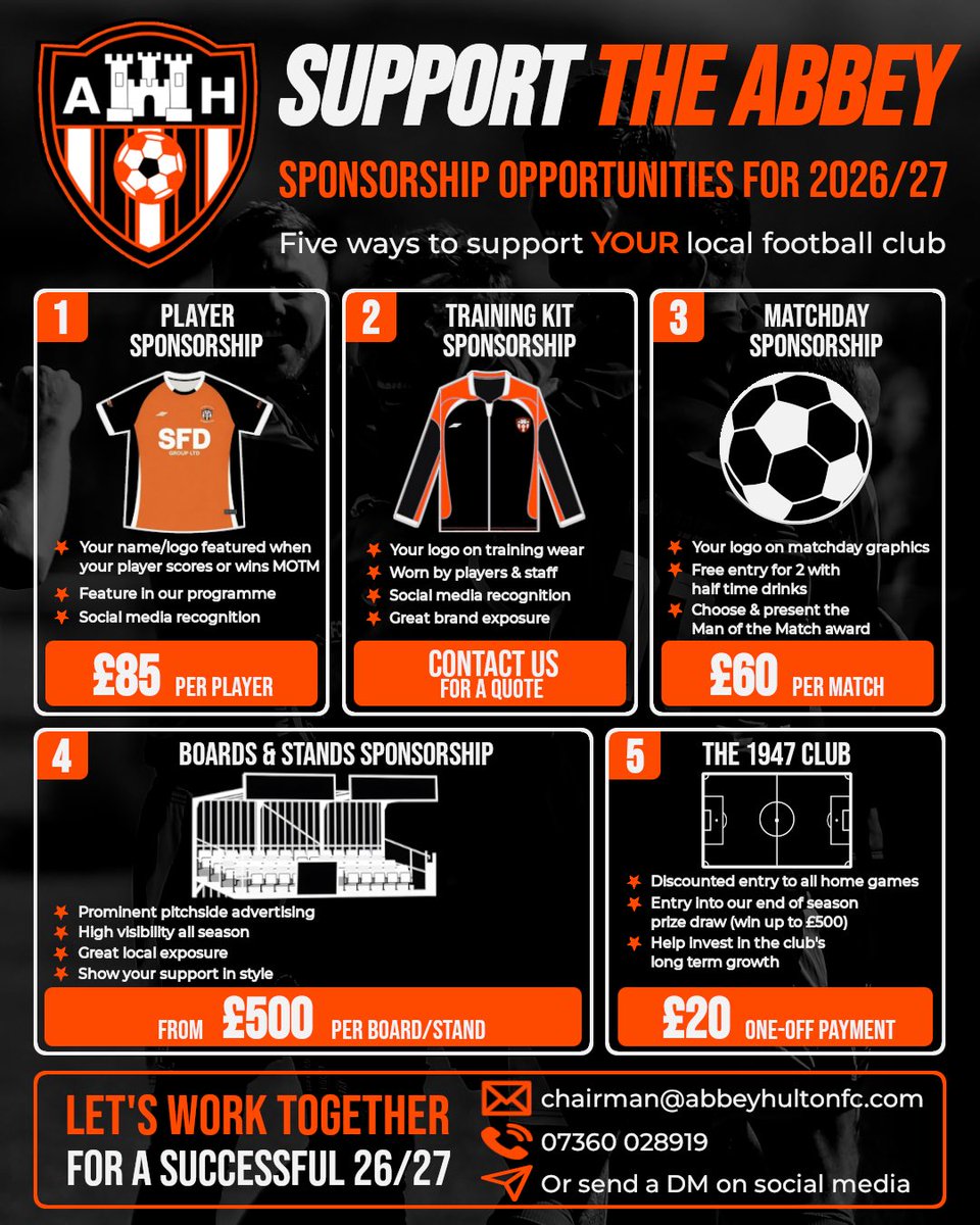 HultonUtd's tweet photo. Support The Abbey in 2026/27 🟧⬛️

We’re pleased to have launched our full range of sponsorship and supporter opportunities for the new season.

Whether you’re a local business looking to promote your brand, or a supporter wanting to play a part in the club’s future, there’s a package to suit every budget.

⚫ Player Sponsorship
🟠 Training Kit Sponsorship
⚫ Matchday Sponsorship
🟠 Boards & Stands Sponsorship
⚫ The 1947 Club Membership Scheme

For more information, or to discuss the best option for you or your business, please get in touch.

#UTA 🧡🖤
