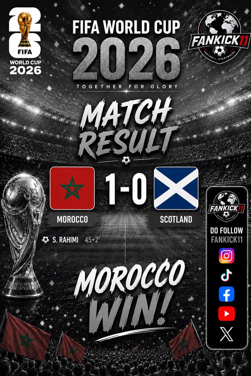 fankick11's tweet photo. 🇲🇦 Morocco edge past Scotland! 🔥⚽

Full Time Result:
🇲🇦 Morocco 1️⃣-0️⃣ Scotland 🏴

A hard-fought victory secures all 3 points for Morocco! 🏆

📲 Follow FanKick11 for more FIFA World Cup 2026 updates, results, and match previews.

#FIFAWorldCup2026 #Morocco #Scotland #Morocc https://t.co/4r5LinEeOd