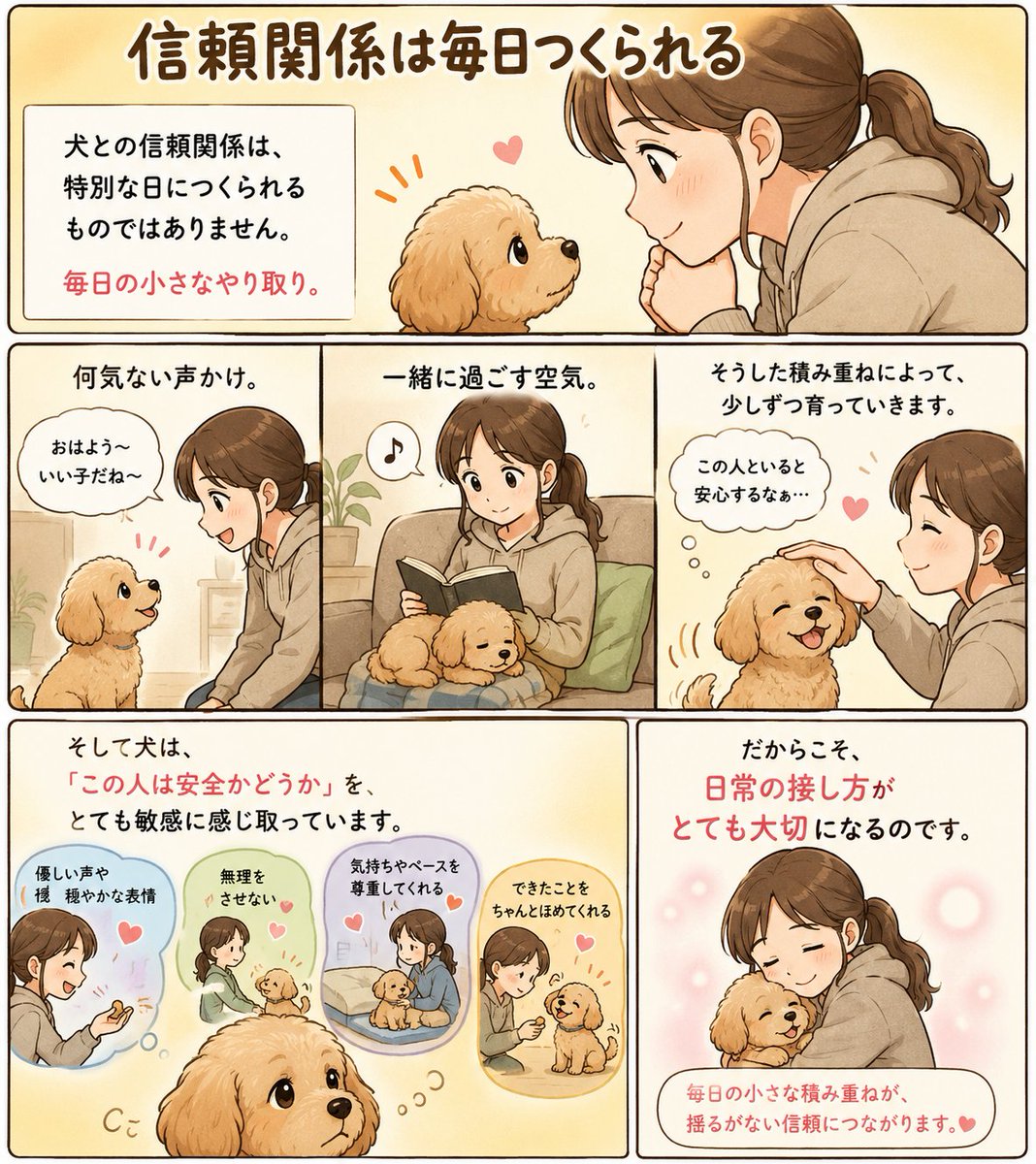 happywans25's tweet photo. 信頼関係は毎日つくられる

犬との信頼関係は、特別な日につくられるものではありません。

毎日の小さなやり取り。
 何気ない声かけ。
 一緒に過ごす空気。

そうした積み重ねによって、少しずつ育っていきます。
そして犬は、「この人は安全かどうか」を、とても敏感に感じ取っています。

だからこそ、日常の接し方がとても大切になるのです。