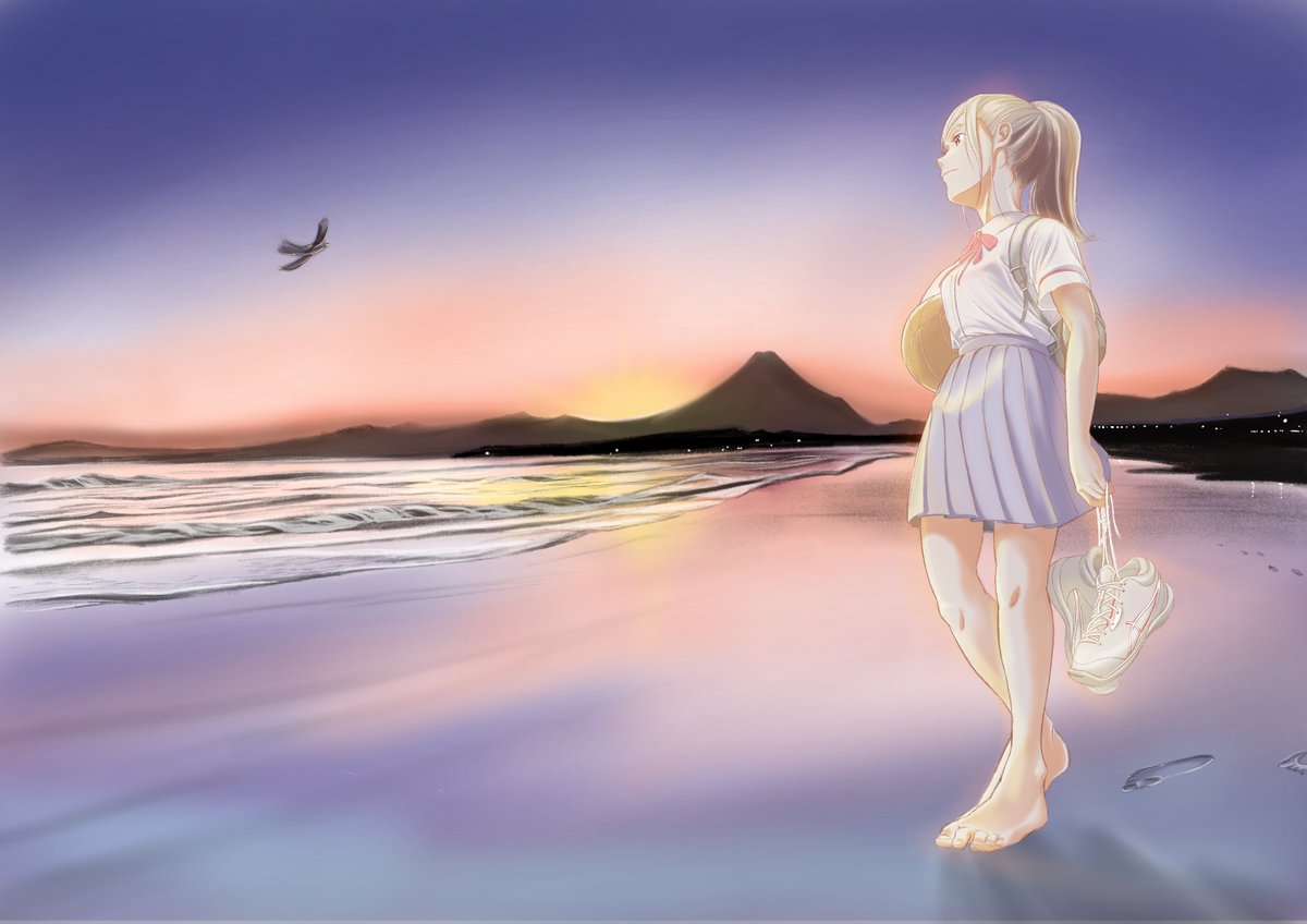 ShouriTwinkle's tweet photo. 一カ月前の展示会に出させてもらった作品です、一年前から考えていて大変だったけれど形にできた時は嬉しかった！
足跡の描き方が分からなくて湘南の海を裸足で歩きながら自分の足跡を撮っていたのは良い思い出

#絵柄が好みって人がいたらいいなぁ
#一次創作
#片瀬西浜 https://t.co/H7kJ6A1GP2