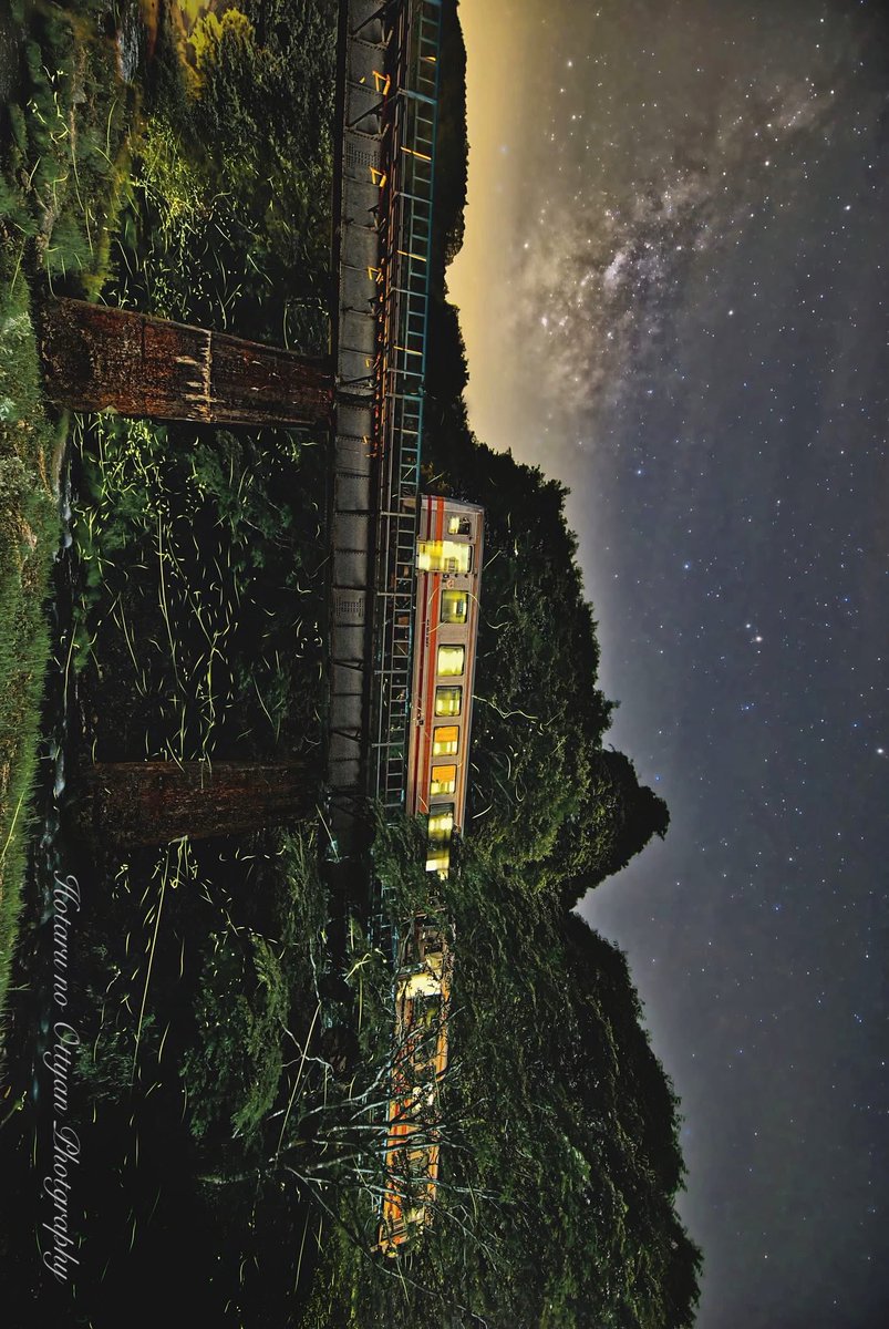 hotarudyaya's tweet photo. 2026-06-13
構想3年…

梅雨空に覆われた夜

一瞬、わずかな雲の切れ間から天の川が姿を現した

鉄橋を渡る二両の列車

足元を舞う無数の蛍たち

空の銀河と、地上を流れる星々

思い描いていた…

『銀河鉄道の夜』

「蛍列車」

ようやく形にすることができました
#天の川
#蛍
#蛍列車
#銀河鉄道の夜 https://t.co/ol8ynruNqB