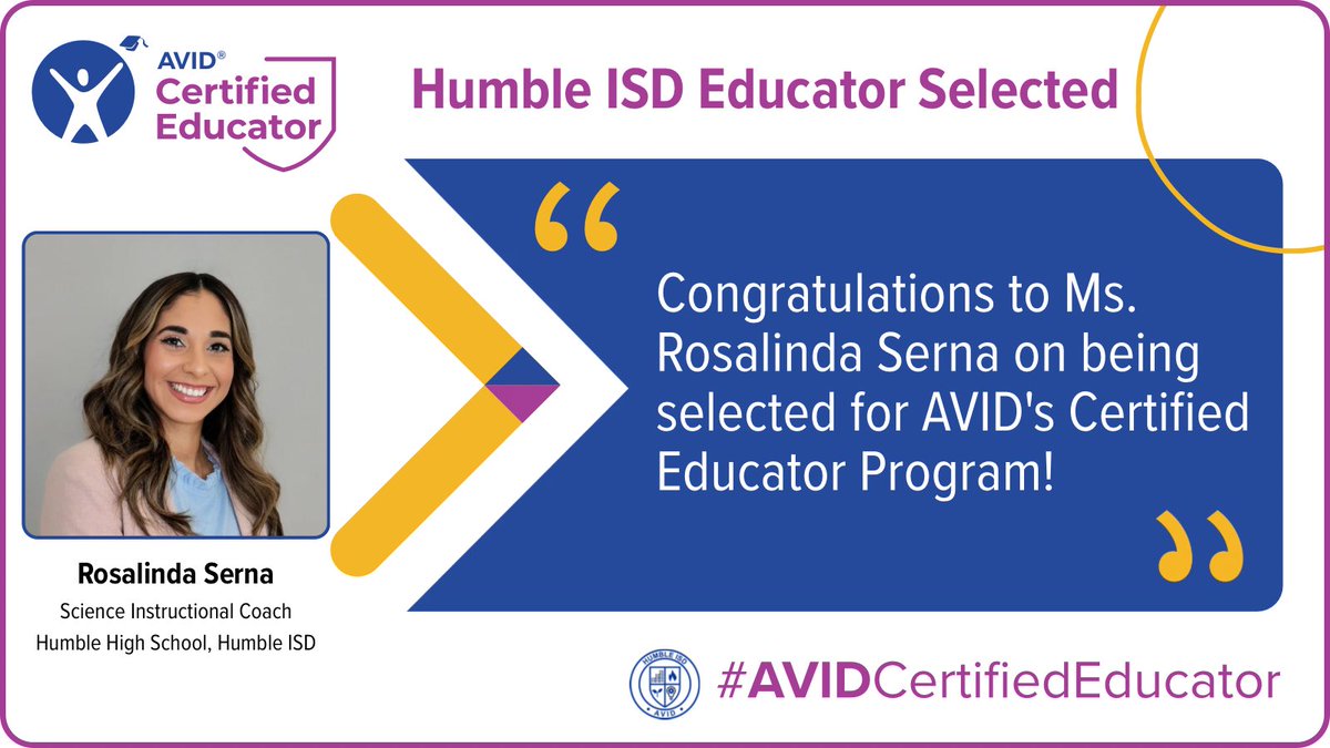 HumbleISD_AVID's tweet photo. Congratulations to Rosalinda Serna of @HumbleISD_HHS on being selected for AVIDβs Certified Educator Program! We are proud to celebrate this outstanding accomplishment and the impact she continues to make for students and educators across @HumbleISD. #AVIDCertifiedEducator https://t.co/X5bli8RUMB