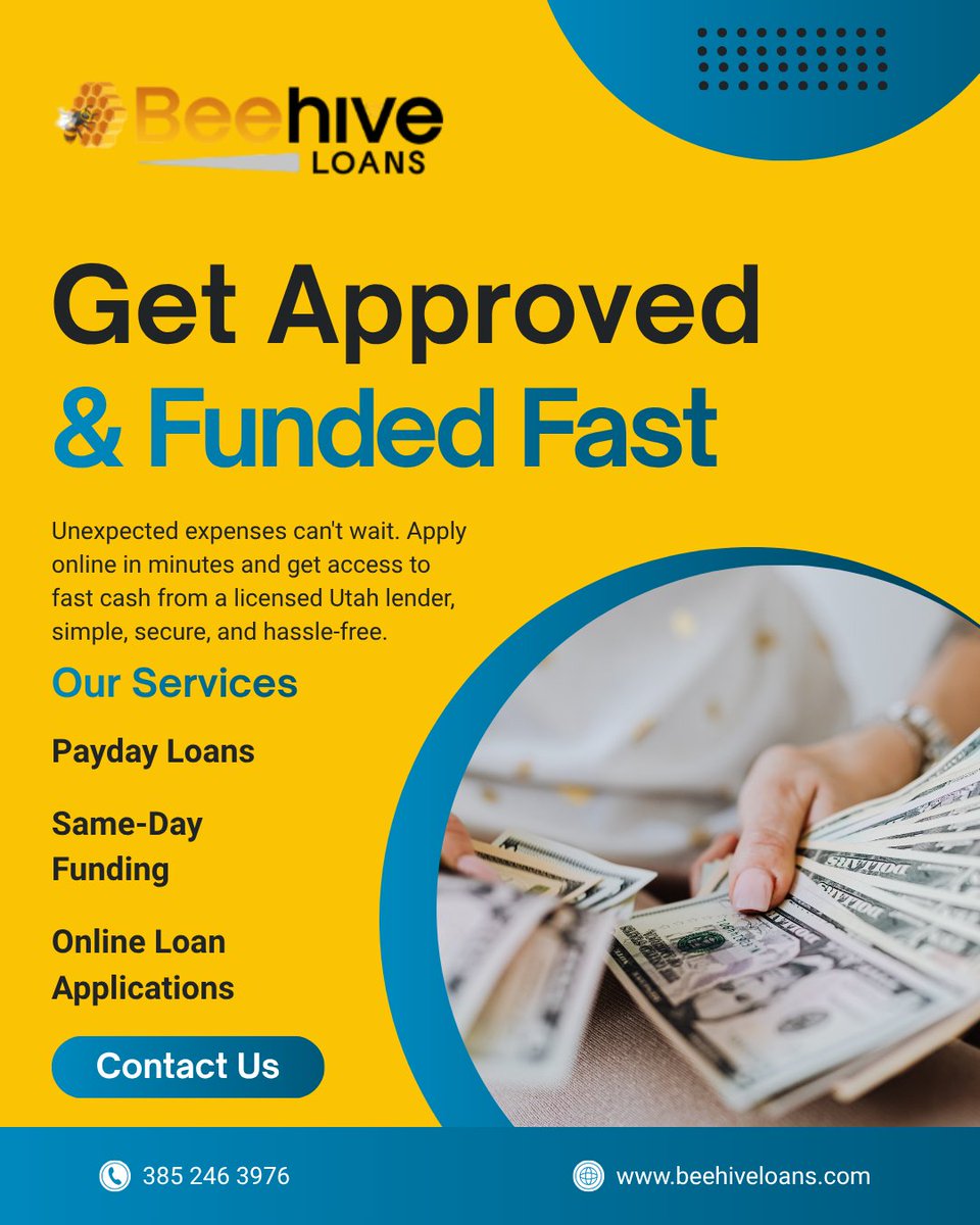BeehiveLoans's tweet photo. 💰 Short on cash before payday? Get approved and funded fast with Beehive Loans.

✅ Online Application
✅ Fast Decisions
✅ Same-Day Funding Available

Apply today: https://t.co/9KpMSy4tUv

#BeehiveLoans #UtahLoans #QuickCash #PaydayLoans https://t.co/S4WcEc6V1f