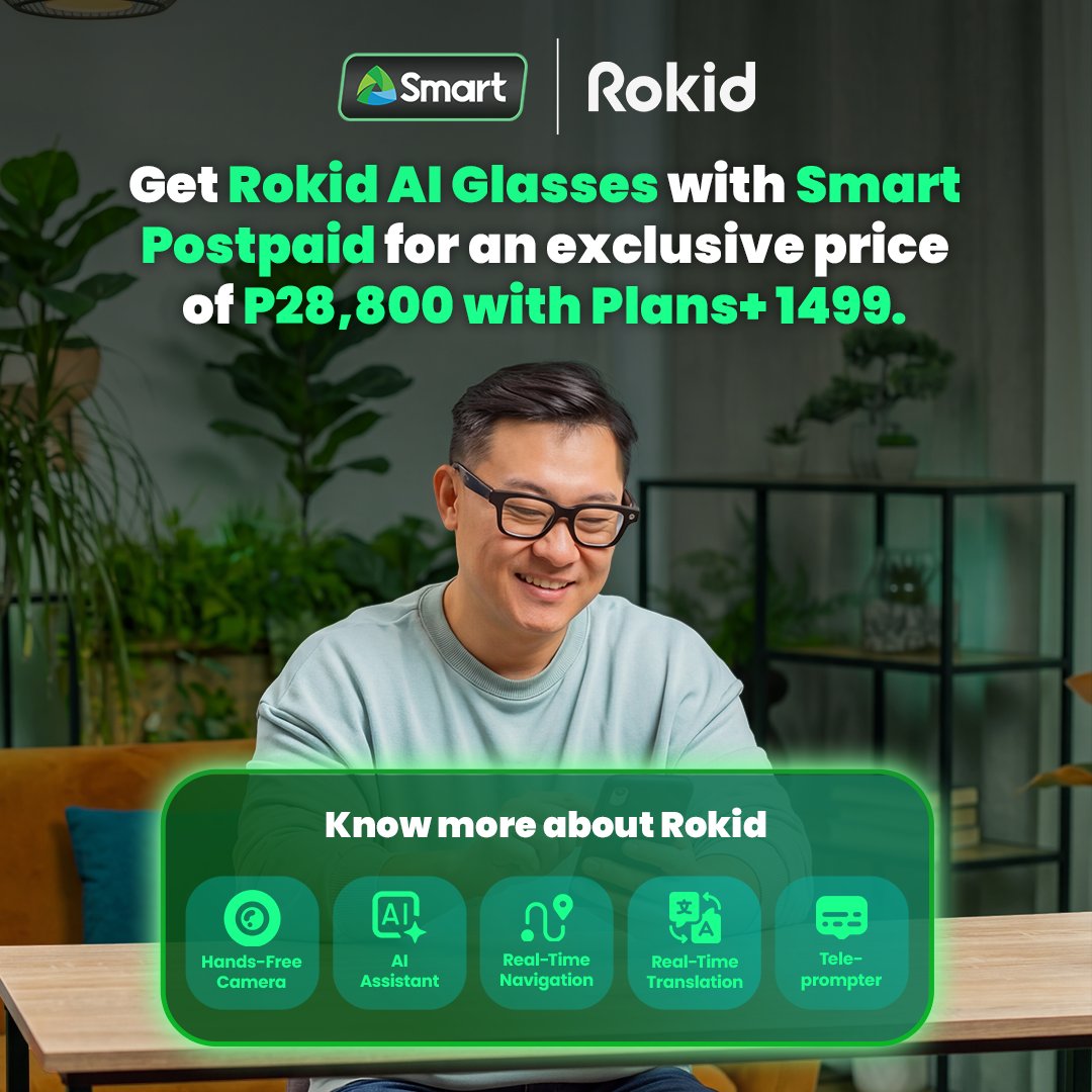 LiveSmart's tweet photo. Gift Dad AI-powered eyewear this Father’s Day. 👓✨

Meet Rokid AI Glasses—hands-free, intuitive, and built to boost everyday productivity.

Plus, Smart Postpaid subscribers can enjoy Perks at Ideal Vision, with exclusive discounts on Rokid prescription lenses, along with savings on eye exams and other optical services.

Learn more and view participating branches at:
https://t.co/iSENVs6xzj