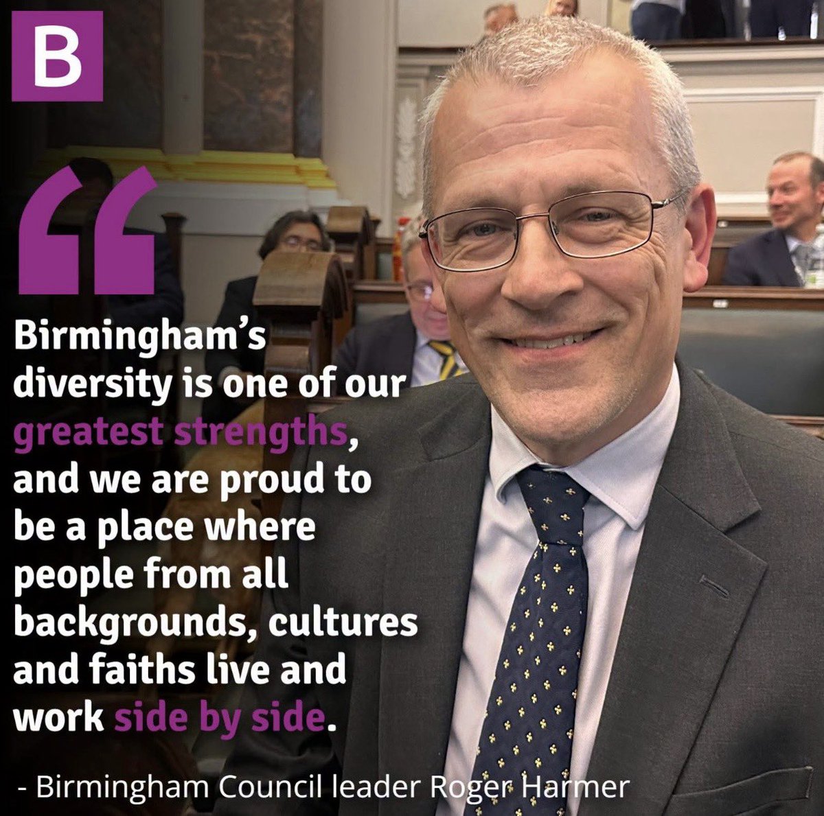 brumlibdems's tweet photo. Council Leader Cllr Roger Harmer released a joint statement with his coalition cabinet to say the group's views do not represent the city.

“We stand firmly against hatred, division and the scapegoating of any community and in solidarity with all our diverse communities.” More👇 https://t.co/zERNAXHdX5