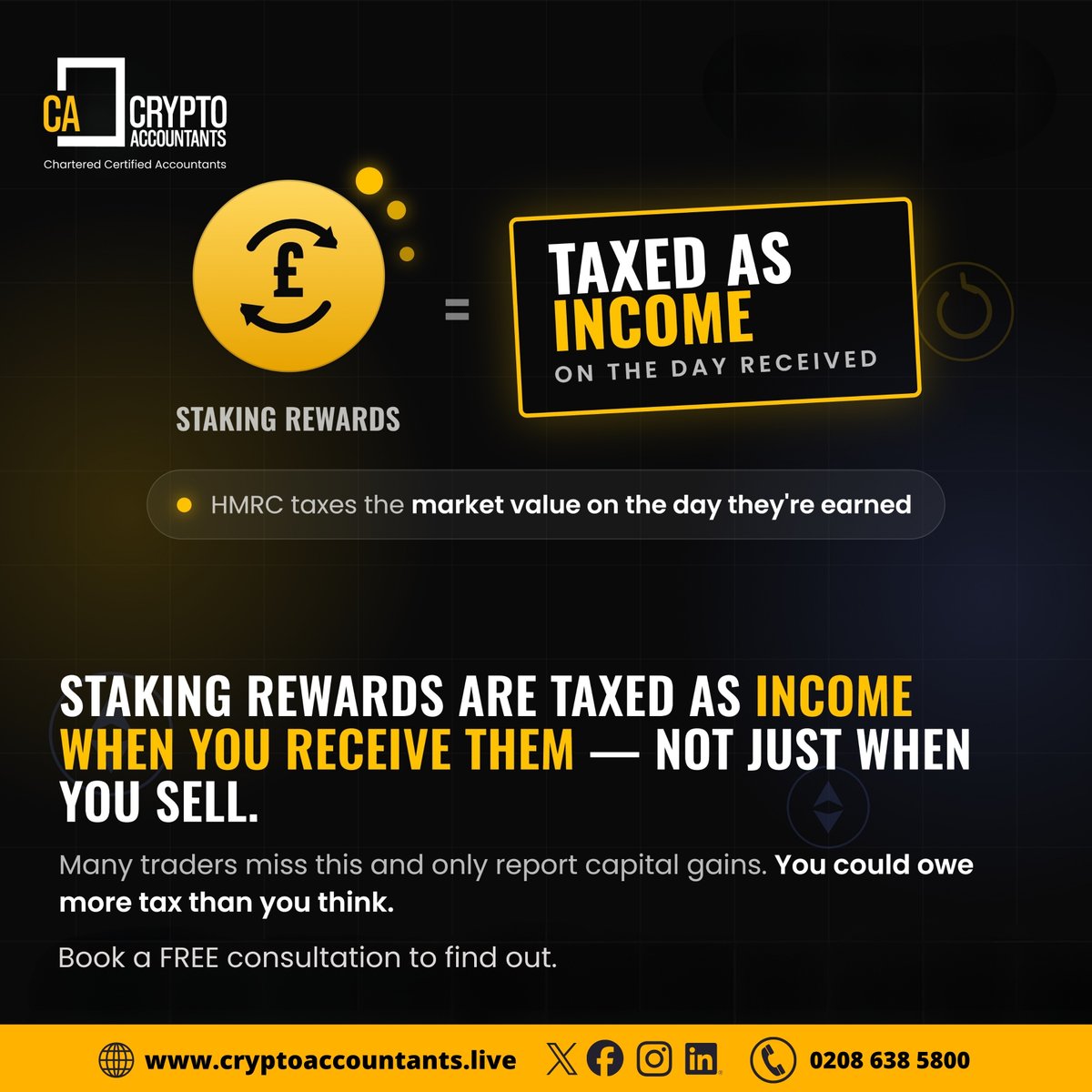 CryptoAccUK's tweet photo. Staking rewards are taxed as income in the UK. Not when you sell, when you earn them.

HMRC taxes the Fair Market Value on the day received. Many traders miss this and only report capital gains. You owe income tax, too. Income tax + capital gains.

📞 0208 638 5800
🌐https://t.co/3TjkJY5VK6
📌 https://t.co/qvWa1T0mXY