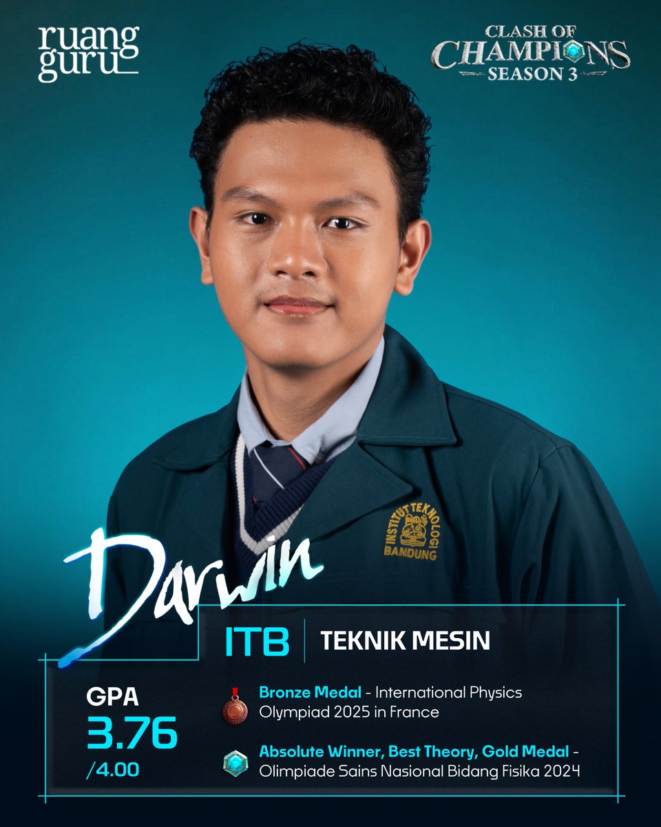 ruangguru's tweet photo. ✨ Darwin (IG: daffavirwandy) / ITB / Teknik Mesin dan Dirgantara

- Bronze Medal - International Physics Olympiad 2025 in France
- Absolute Winner, Best Theory, Gold Medal - Olimpiade Sains Nasional Bidang Fisika 2024 https://t.co/FyoUH34gjy