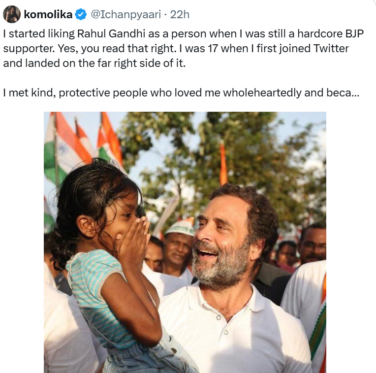 sauravyadav1133's tweet photo. पिछले 12 साल में झूठ का नैरेटिव कैसे गढ़ा गया लोग उसका कैसे शिकार बने और अब कैसे उससे निकल रहे हैं ये पता चलता है कोमोलिका नाम की एक जेन-G की पोस्ट से...पोस्ट अंग्रेजी में थी आप यहां हिंदी में पढ़ सकते हैं...✍️
------------------
मैं राहुल गांधी को एक व्यक्ति के रूप में तब पसंद करने लगी थी जब मैं अभी भी Bजेपी की हार्डकोर सपोर्टर थी। हाँ, आपने सही पढ़ा। जब मैं 17 साल की थी, तब पहली बार ट्विटर जॉइन किया और उसके फार राइट साइड पर पहुँच गई। मुझे वहाँ दयालु, प्रोटेक्टिव लोग मिले जिन्होंने मुझे पूरे दिल से प्यार किया और मेरी इंटरनेट फैमिली बन गए। उस समय ट्विटर कनेक्शन्स और दोस्तियों के बारे में था। आज भी उनमें से कई के साथ मेरी दोस्ती है, लेकिन एक बात जो अब मुझे पसंद नहीं है, वो यह कि ये जानते हुए भी कि मैं सिर्फ एक किशोरी हूँ, उन्होंने अपनी आइडियोलॉजी मुझ पर थोप दी। उन्होंने मुझे खुद चुनने का मौका नहीं दिया।
राहुल गांधी की बात करें तो मुझे भी उनके बारे में "पप्पू" वाला स्टीरियोटाइप फीड किया गया था और मैंने उसे मान लिया था। मैं उनके कंटेंट, स्पीचेस और आर्टिकल्स ढूंढने लगी ताकि मैं मीम्स बना सकूँ और उनका मजाक उड़ा सकूँ।लेकिन जितना ज्यादा मैंने उन्हें सुना, उनके बारे में पढ़ा, उनके कैंपेन फॉलो किए, उनके मीडिया इंटरव्यू देखे और पत्रकारों व राजनीतिक विश्लेषकों की राय सुनी, उतना ही मुझे एहसास हुआ कि ऑनलाइन जो कुछ मैं देख रही थी, वो ज्यादातर झूठ था। वो एक नैरेटिव था।
वे बिल्कुल अलग हैं, जैसा कि मुख्यधारा की मीडिया और फार राइट ने उन्हें चित्रित किया है। वे अच्छी शिक्षा प्राप्त हैं, दयालु हैं, भावनात्मक रूप से बुद्धिमान हैं, स्पष्टवादी हैं, सम्मानजनक हैं और करुणामय हैं।
मैंने कभी उन्हें किसी के प्रति, यहां तक कि अपने राजनीतिक विरोधियों के प्रति भी, अपमानजनक या नफरत भरा व्यवहार करते नहीं देखा।
मेरी राय में, Rahul गांधी एक देशभक्त, ईमानदार नेता और इस देश के युवाओं व भविष्य की आवाज हैं।
Happy Birthday, Pookie Rahul Gandhi Sir