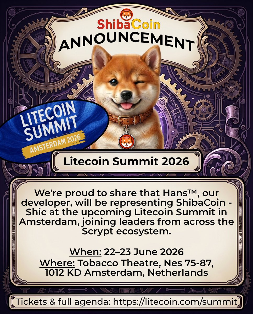 Shibacoin_Shic's tweet photo. ShibaCoin is heading to Amsterdam! 

We are proud to represent ShibaCoin at the upcoming @litecoin  Summit 2026. Our developer Hans will be on the ground, joining key figures from across the Scrypt ecosystem, including @PepecoinNetwork  @dingocoincrypto and @ScryptStrategy 

From June 22–23 at the Tobacco Theatre, the focus is all on privacy, financial freedom, and censorship resistance in blockchain.
Are you attending? Come say hello. Let’s connect and talk about the road ahead for Scrypt and $SHIC!

@ShicArmy  @Shicnews  @LTCFoundation