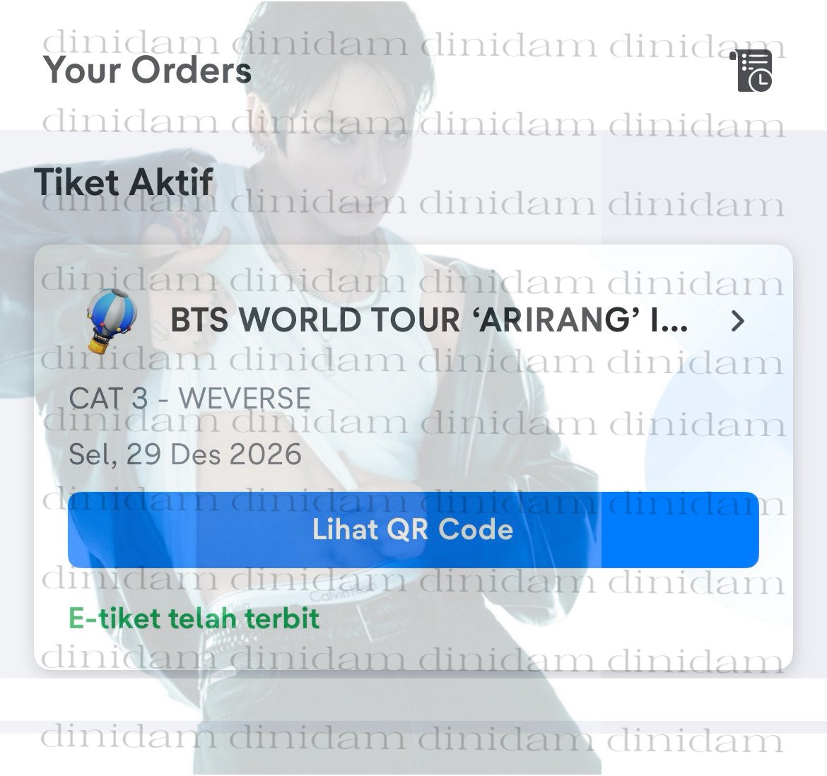 dinidam's tweet photo. WTS 
Cat 3 Day 3 BTS WORLD TOUR 'ARIRANG' in JAKARTA

- 1 tix presale weverse
- full payment only
- trusted &amp; all proof avail https://t.co/7eR26rfmRa