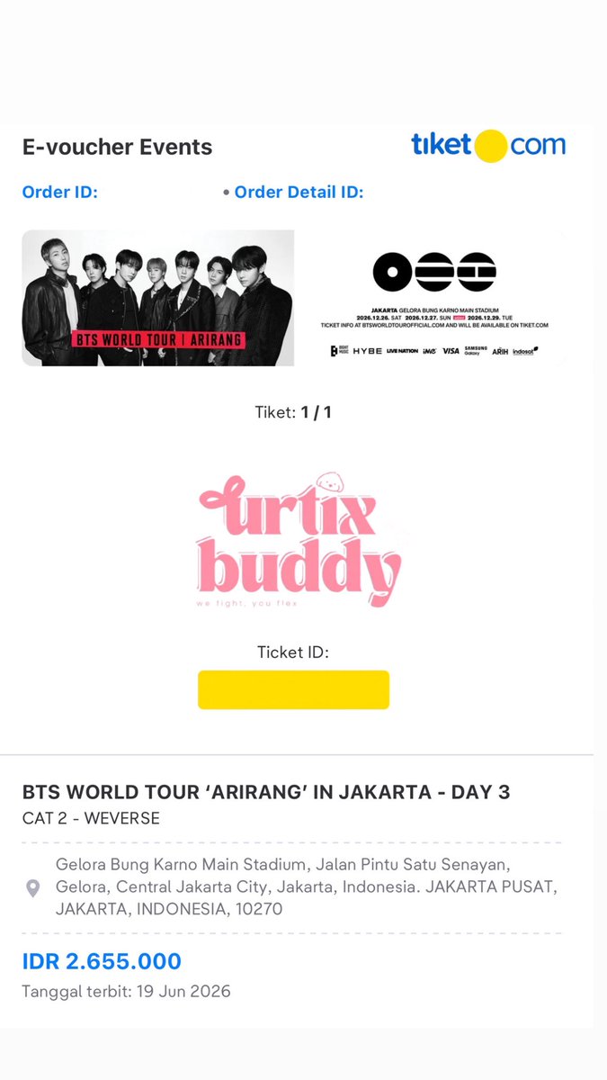 urtixbuddy's tweet photo. SECURED 14 TIX BTS ARIRANG JKT! ✨

Successfully secured:
💫 4 TIX PLAT TRIBUNE - WEVERSE
💫 4 TIX CAT 1 - WEVERSE
💫 4 TIX VIP A - WEVERSE (add show)
💫 1 TIX CAT 2 - WEVERSE (add show)
💫 1 TIX CAT 1 - GEN SALE (add show)

We fight, you flex 💜

#BTS #BTSinJAKARTA #BTSARIRANG https://t.co/Jim1oJ2Wpq