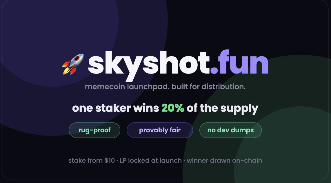 skyshotfun's tweet photo. every memecoin launch is a coin flip.
we made the coin fair. 🎰
@skyshotfun — stake, every staker shares the supply, ONE staker wins 20%.
🔒 LP locked by the contract
🎲 winner drawn on-chain
no dev allocation. no rug. no insiders. https://t.co/2DYawSZlnu