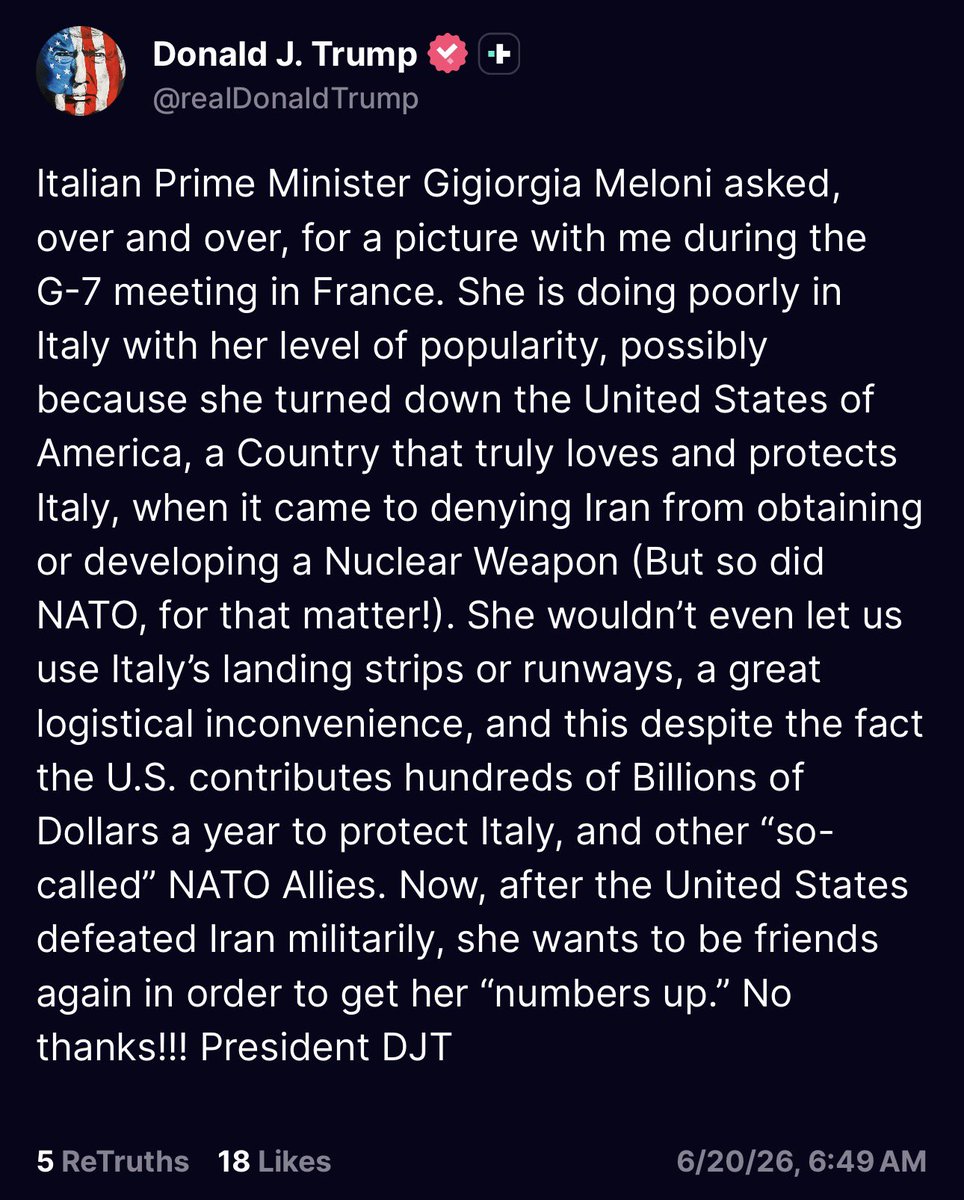 breeadail's tweet photo. It seems that @GiorgiaMeloni hasn’t understood the consequences of getting within the social media crosshairs of @DonaldTrump...
😬🤌🏼🤌🏼
 https://t.co/L8ULh0JFWC https://t.co/H0RouFraHA