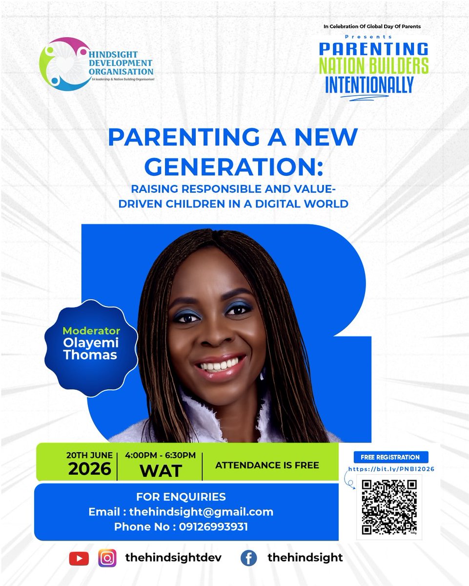TheHindsightDev's tweet photo. 🎤 Meet our moderator, Olayemi Thomas.

Ready to guide today's powerful conversation on raising responsible and value-driven children in a digital world.

⏰ 4 PM WAT
🔗 https://t.co/Lfh4jgmVH0

#PNBI2026 #Parenting #DigitalParenting #NationBuilders https://t.co/13my2ZuS57