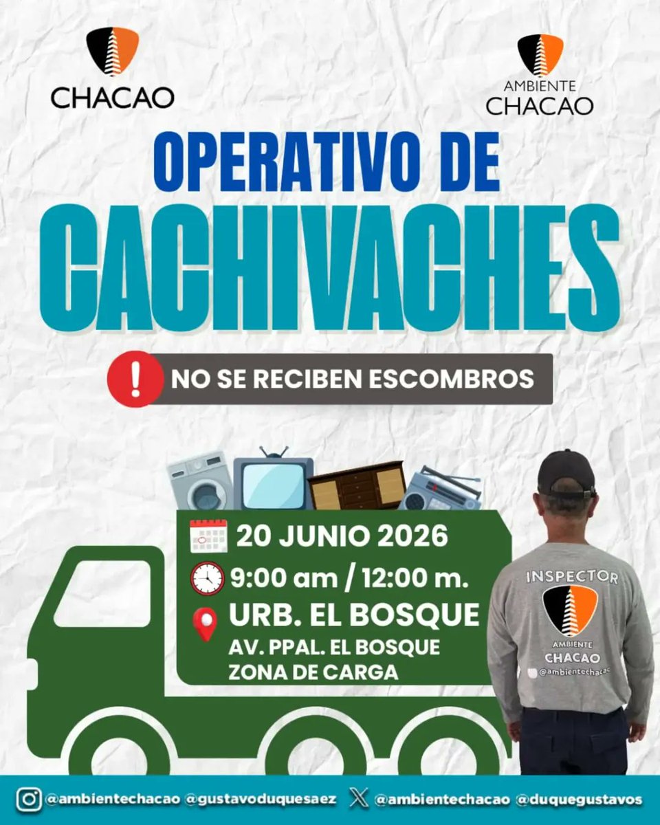 Chacao's tweet photo. Les invitamos a participar este sábado #20Junio en el servicio de recolección de cachivaches que realizará nuestro equipo de @AmbienteChacao en la Urb. El Bosque, desde las 9:00 am hasta las 12:00 m.

Te contamos 👇🏽 en detalle qué se recibe ✅ y qué no puedes llevar ❌. https://t.co/oM3kg65JaB