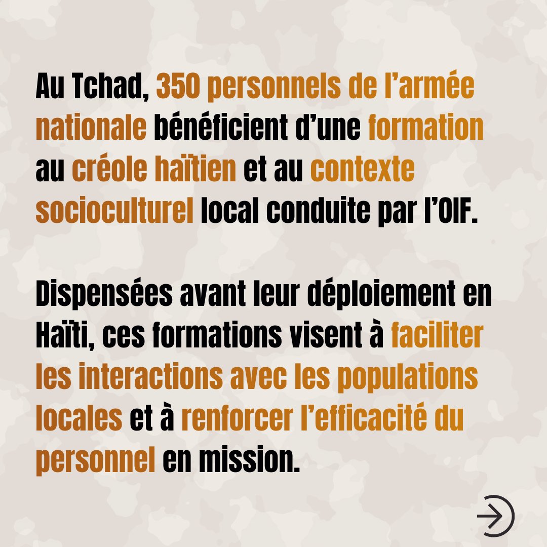 OIFrancophonie's tweet photo. Appelés à être déployés en #Haïti, des personnels de l’armée nationale tchadienne bénéficient d’une formation au créole haïtien et au contexte socioculturel local conduite par l’OIF.

Cette initiative vise à faciliter les interactions avec les populations et les acteurs locaux sur le terrain, condition essentielle à la réussite de leur mission.

🔗 En savoir plus : https://t.co/FJfoe1ZO5g

#Francophonie #Paix