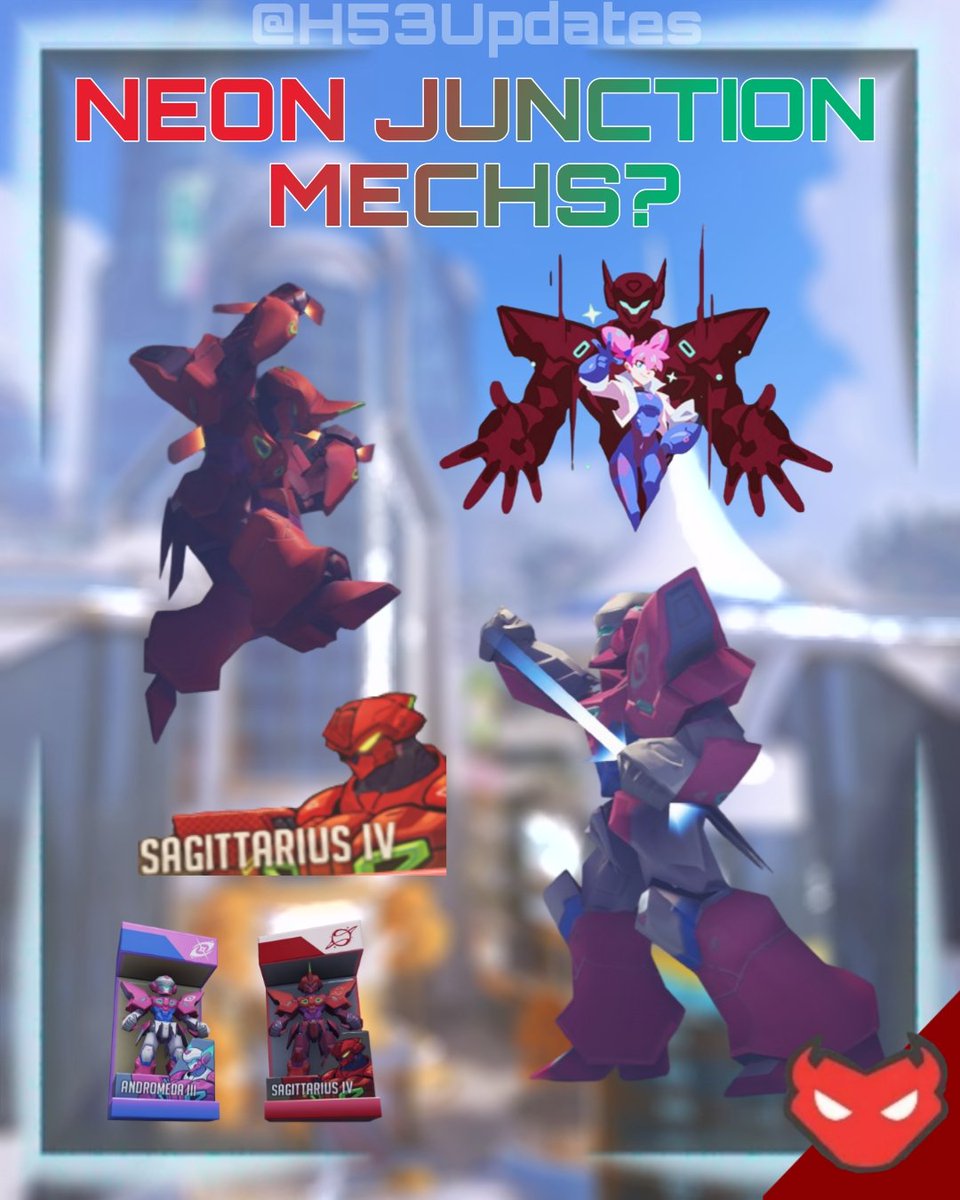 H53Updates's tweet photo. ‼️ Sagittarius IV, Andromeda III and Dmon ‼️

The new map "Neon Junction" contains 2 mechs with some unmistakable parallels to #Dmon and #Dva, specifically their colorations.

What do you think, is this hinting at something in the future? Is it that deep?
Or just potential skins? https://t.co/CBkVZQnRc7