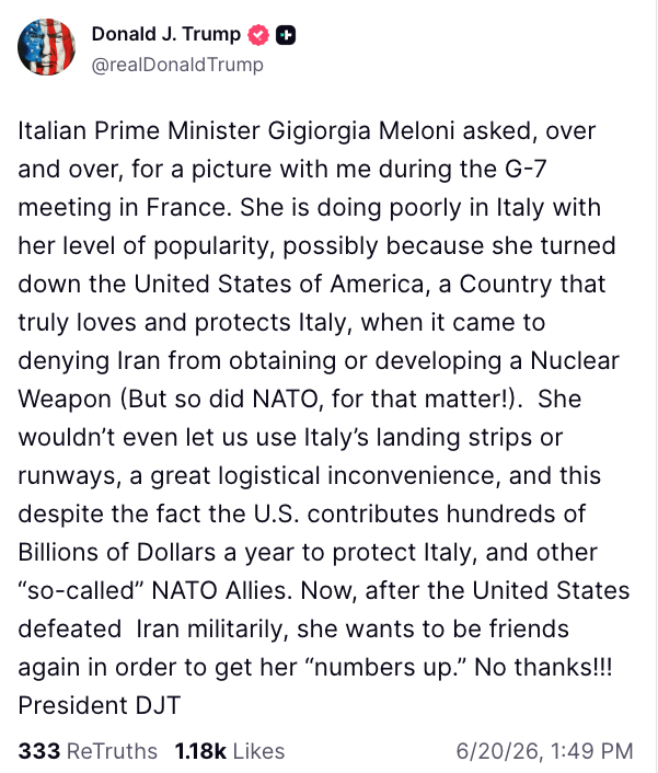 grande_flagello's tweet photo. Trump replica a Meloni: "Mi ha chiesto più volte di fare una foto. La sua popolarità in Italia sta scendendo perché ci ha voltato le spalle e adesso vuole che torniamo amici per risalire nei numeri. No, grazie" https://t.co/EBOix4ZDkX