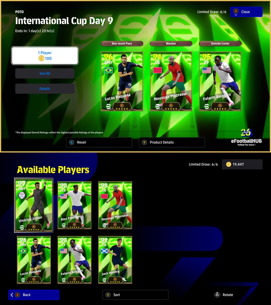 eFHUBx's tweet photo. POTD : International Cup Day 9 🟢💥

🇧🇷 Vinícius Júnior
🇧🇷 Lucas Paquetá
🇺🇸 Folarin Balogun
🇺🇸 Alex Freeman
🇲🇦 Noussair Mazraoui
🏴󠁧󠁢󠁳󠁣󠁴󠁿 Jack Hendry

#eFootball2026 | #eFHUB https://t.co/MH2U5T5iug