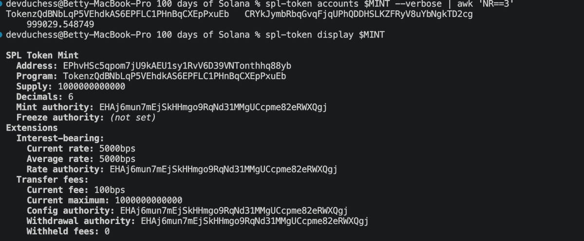 devduchess's tweet photo. 2/ 

Instead, the raw amount stored in the token account never changed. Only the UI amount changed over time based on the interest rate configured on the mint.

Interest is computed when the balance is displayed, not by updating the account itself.

@MLHacks @solana_devs

 #Web3 https://t.co/mvWW2s4VIy