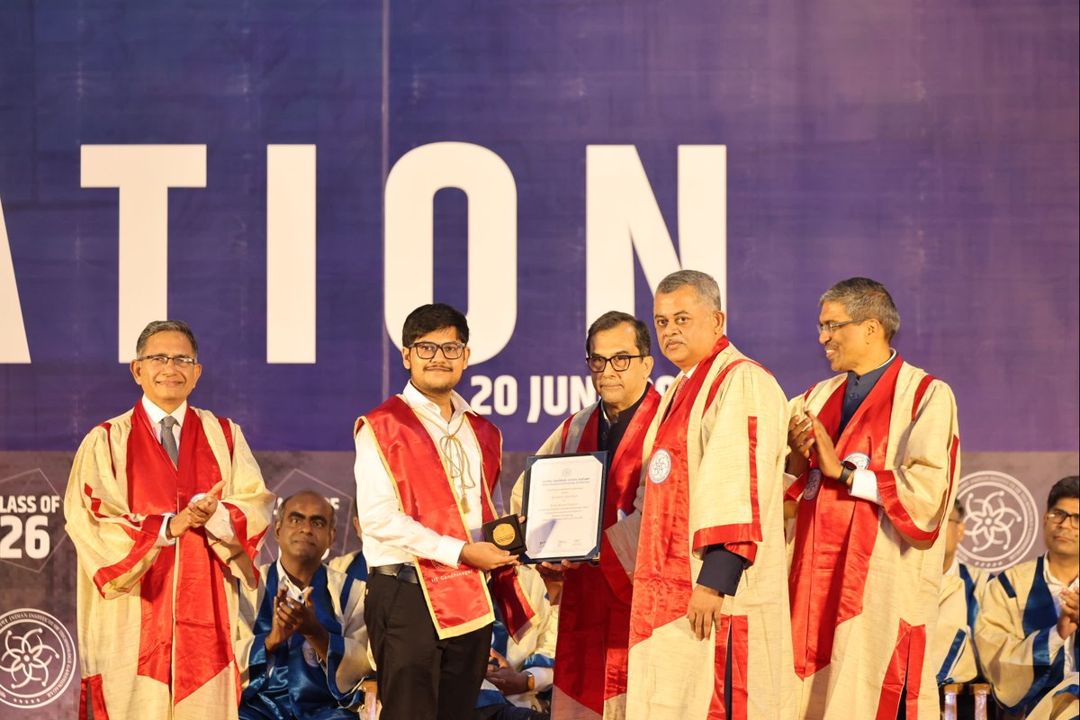 iitgn's tweet photo. 𝐄𝐱𝐜𝐞𝐥𝐥𝐞𝐧𝐜𝐞 𝐓𝐡𝐚𝐭 𝐈𝐧𝐬𝐩𝐢𝐫𝐞𝐬

Some achievements stand out not only for what was accomplished, but for the dedication, resilience, and impact behind them.

At the IITGN Awards Ceremony 2026, the 𝐏𝐫𝐞𝐬𝐢𝐝𝐞𝐧𝐭'𝐬 𝐆𝐨𝐥𝐝 𝐌𝐞𝐝𝐚𝐥 and 𝐃𝐢𝐫𝐞𝐜𝐭𝐨𝐫'𝐬 𝐆𝐨𝐥𝐝 𝐌𝐞𝐝𝐚𝐥 were conferred upon students whose academic excellence, leadership, research accomplishments, and contributions have left a lasting mark on the IITGN community.

𝐂𝐨𝐧𝐠𝐫𝐚𝐭𝐮𝐥𝐚𝐭𝐢𝐨𝐧𝐬 𝐭𝐨:
𝐀𝐝𝐢𝐭𝐲𝐚 𝐊𝐚𝐧𝐭 – President's Gold Medal (MTech)
𝐒𝐡𝐚𝐫𝐦𝐚 𝐊𝐚𝐧𝐡𝐚𝐢𝐲𝐚 𝐕𝐢𝐣𝐚𝐲 – President's Gold Medal (MSc & MA)
𝐉𝐚𝐢𝐝𝐞𝐯 𝐒𝐚𝐧𝐣𝐚𝐲 𝐊𝐡𝐚𝐥𝐚𝐧𝐞 – President's Gold Medal (BTech)
𝐀𝐤𝐬𝐡𝐚𝐭 𝐊𝐡𝐚𝐧𝐧𝐚 – Director's Gold Medal (PhD)
𝐆𝐢𝐫𝐚𝐬𝐞 𝐓𝐞𝐣𝐚𝐬 𝐊𝐨𝐦𝐚𝐥𝐬𝐢𝐧𝐠𝐡 – Director's Gold Medal (MTech)
𝐒𝐚𝐲𝐚𝐧 𝐁𝐞𝐫𝐚 – Director's Gold Medal (MSc & MA)
𝐒𝐡𝐚𝐦𝐛𝐡𝐚𝐯𝐢 𝐀𝐠𝐫𝐚𝐰𝐚𝐥 – Director's Gold Medal (BTech)

Their journeys embody the curiosity, perseverance, leadership, and spirit of excellence that define IITGN. As they embark on new paths, their achievements will continue to inspire future generations of students.

#IITGN #Convocation2026 #AwardsCeremony #StudentAchievements #AcademicExcellence