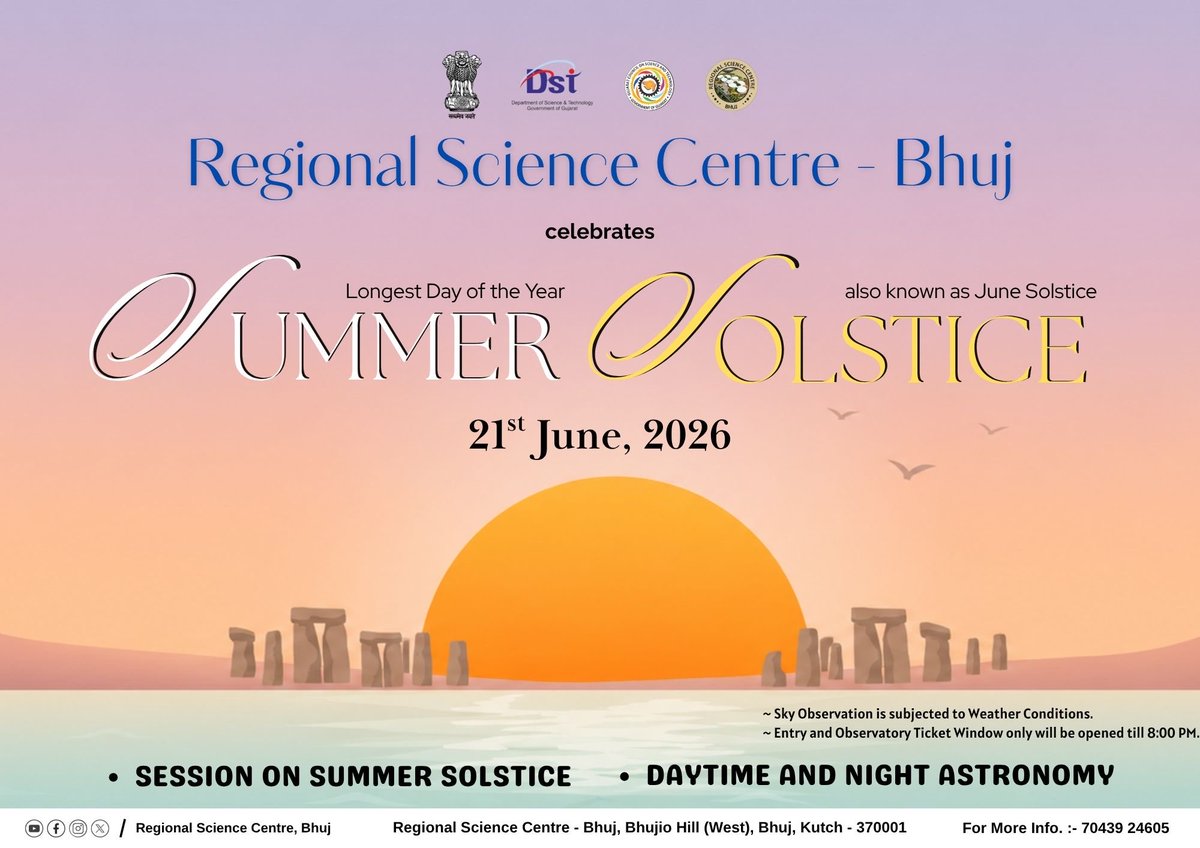 RscBhuj's tweet photo. For one special day, the Sun refuses to leave the spotlight.
Celebrate the Summer Solstice @RSCBhuj as we explore the longest day of the year by session on the science of daylight and darkness and the fascinating worlds of daytime and night astronomy. 
@asipoec
@apod https://t.co/NoX6NGPAH6
