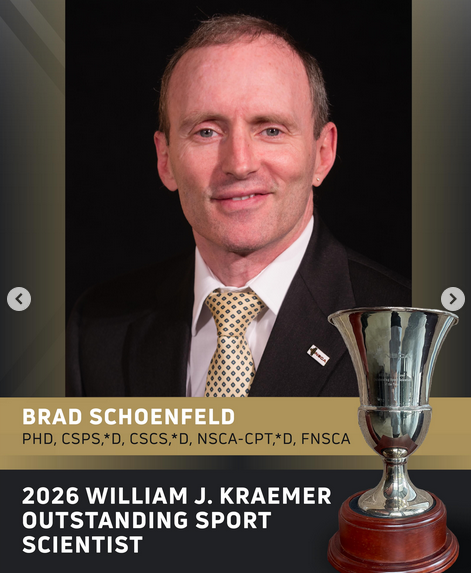 BradSchoenfeld's tweet photo. I'm truly honored to receive the William J. Kraemer Outstanding Sports Scientist Award from the NSCA.

Advancing the field of exercise science has been my life's work, so it is especially meaningful to be recognized in this regard by the world's leading organization for strength and conditioning. I am deeply grateful for this distinction.

Most importantly, I want to thank the many researchers with whom I've had the privilege to collaborate over the years. In particular, I owe an enormous debt of gratitude to my students—past and present—whose dedication, curiosity, and hard work have made so much of what I've accomplished possible.

Research is fundamentally a team endeavor, and this recognition reflects the collective efforts of countless colleagues, collaborators, and mentees. I am proud to share this honor with all of them.