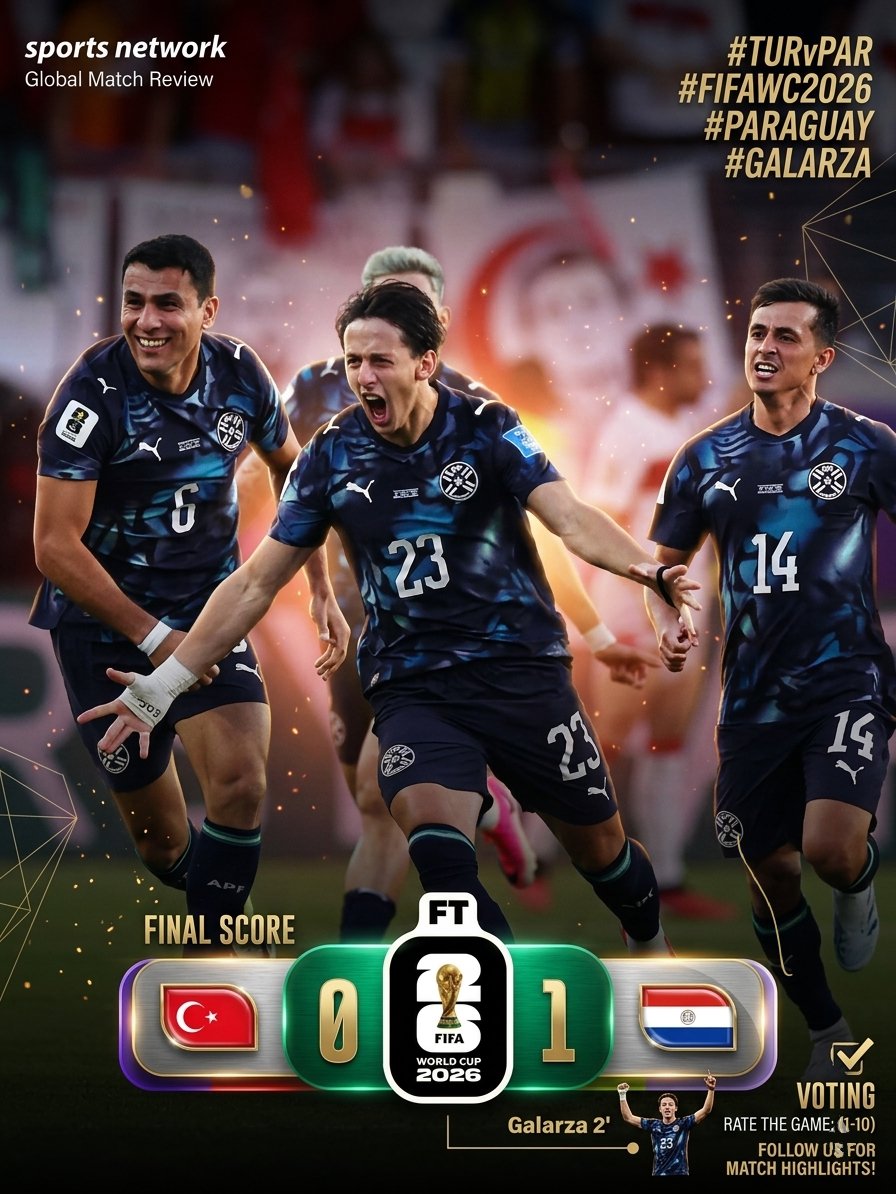thesportsnetw's tweet photo. FT: Turkey 0-1 Paraguay 🇵🇾🔥
Galarza’s early strike in the 2nd minute seals a massive victory! What a performance by the team! 🙌 ⚽
#TURvPAR #FIFAWC2026 #Paraguay #Galarza #WorldCup https://t.co/jSUwaW6jI0