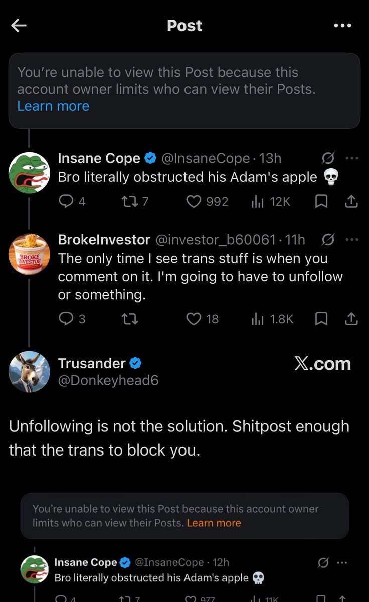 tstringrayalt's tweet photo. @Donkeyhead6 @investor_b60061 @InsaneCope @powderskunk apparently i’m also blocked lolololol https://t.co/T7Djcbbgvf