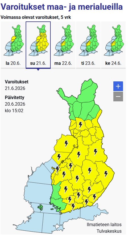 meteorologit's tweet photo. Ensi yönä ja sunnuntaipäivän aikana esiintyy paikoin sade- ja ukkoskuuroja, joihin voi liittyä voimakkaita ukkospuuskia.🌬️ https://t.co/0XTkjzL8DU