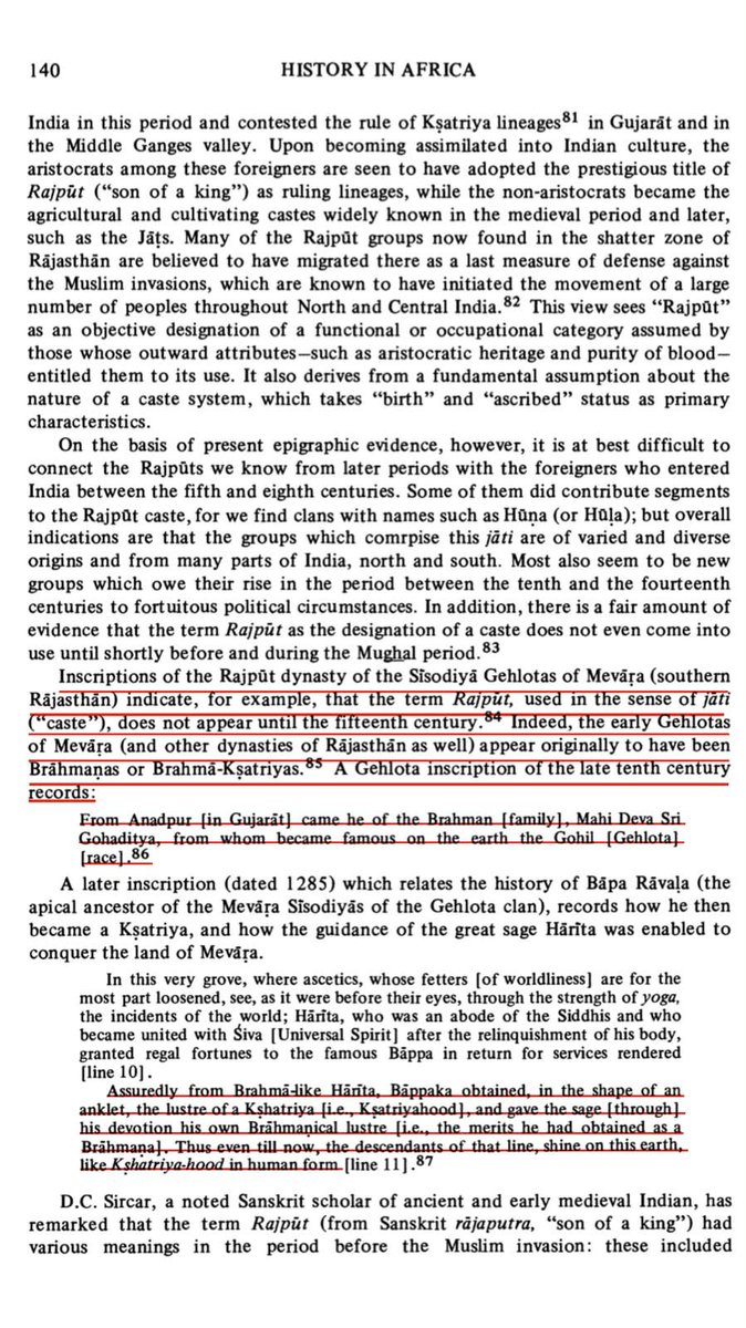 indrokashyapa's tweet photo. According to the 17th century Chronicles of Mewar report, the Guhilās Sisodiaya were originally Brāhmans who later, after receiving Kshatriyahood the power and brilliance of a Kshātriya from Rishi Hārita, began to establish themselves in the form of Kshatriyas. हारीतराशिमुनियुगवपादमयसेवाप्त सभ्यगप्रसादवरप्रसाद्रः
However, until the 18th century they had not forgotten their Brāhman origin. Along with this, they also presented the view from Nāinsi si ki Khyat, but they reject this inferior claim because it narrates an identical story for both Bāppa Rawal and Guhadatta that both were adopted by Brahmins for which there is no authentic or contemporary evidence. The Brahmin origin of the Guhils was wellknown among the public until the 20th century. To refute this, G.H. Ojha was put forward, but he displayed gold coins belonging to someone else, linked them to Bappa Rawal, and by showing a sun engraved on the coins, declared him Suryavansha. He distorted the meaning of Vipra, turned Vipra into learned king and Mahideva into lord of the earth then in what way did he describe Guhadatta as a devotee of Brahmins? विप्रक्षिप्रतरप्रबोधमधुरानदैकतिष्ठः
आनंदपुरविनिर्गतविप्रकुलानन्दो
All his hollow claims were refuted by Banerji in his book, and Ojha himself also accepted it. Ojha accused Bhandarkar of mistranslating the lines of the inscription. But Ojha has never explained to this day on what basis he interpreted ब्रह्मक्षत्रन्वितो भतृमहो BrāhmaKshatra Rama to mean Dasharatha’s Rama, because in no text is Dasharatha’s Rama called BrāhmaKshatra.  When the truth still could not be hidden even with all these hollow claims, then the kings of Mewar resorted to a new tactic to conceal their Brahmin origin. The Brāhman origin of Bappa was not forgotten as late as the reigning period of Rana Fateh Singh of the 20th century A.D. During his period Maulvi Abdul Farhati in his Tojai Rajasthan mentioned in clear terms that Ranas of Mewar were originally Brāhmans. Unfortunately the book was proscribed by the then Government of Mewar. Such attempts of suppressing the true facts suggest that the destruction of the 2nd slab was also a deliberate action of some body who did not like to see such records exist. However, from the above discussion and circumstances I reach to the conclusion that the fact of Brahman origin recorded in the slab may not be taken as a last word until some other contemporary evidence is made available; it at least keeps little space for the interpretation of the words Dvija or Vipra as attempted by Dr. Ojha.