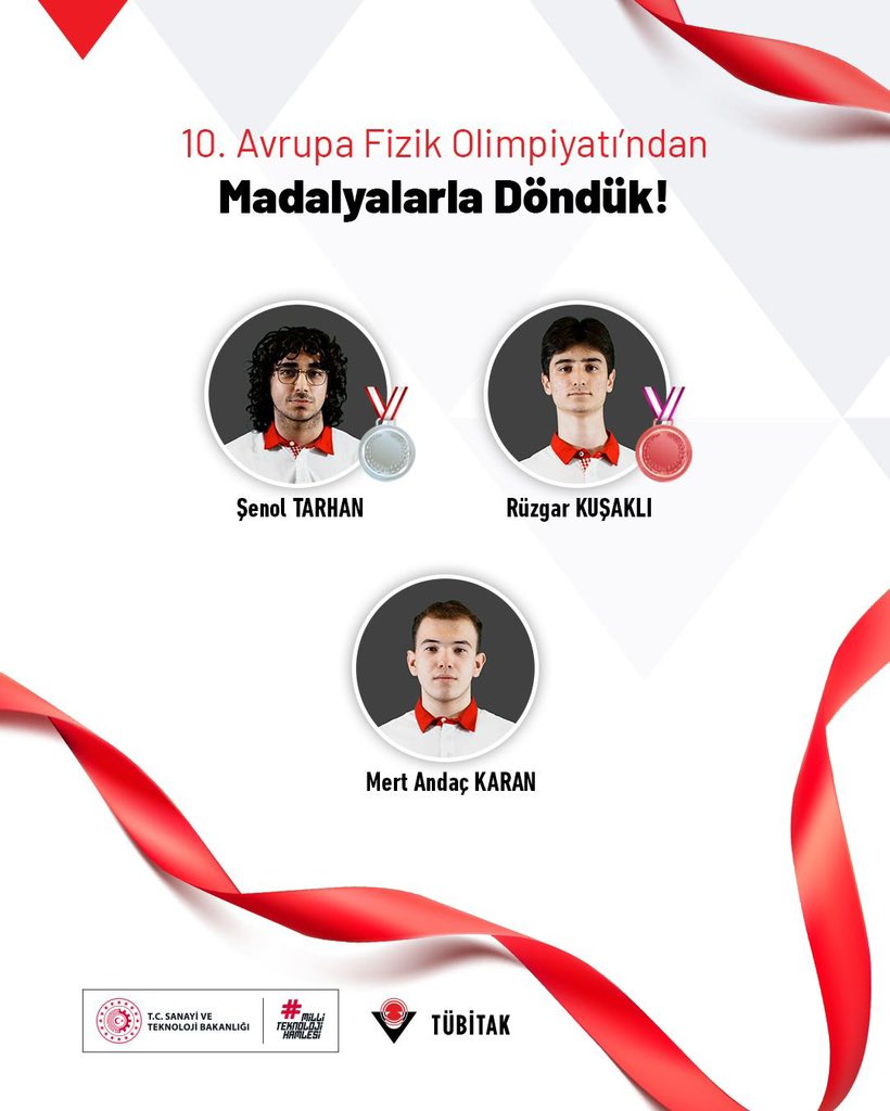 Tubitak's tweet photo. ✨10. Avrupa Fizik Olimpiyatı’ndan Madalyalarla Döndük!

İsveç’in Göteborg şehrinde düzenlenen ve 41 ülkeden 199 öğrencinin yarıştığı 10. Avrupa Fizik Olimpiyatı’nda ülkemizi temsil eden öğrencilerimizden;

🥈 Şenol Tarhan gümüş madalya,
🥉 Rüzgar Kuşaklı bronz madalya,
🎖️ Mert Andaç Karan mansiyon ödülü

kazanarak ülkemize büyük bir gurur yaşattılar!

Avrupa Fizik Olimpiyatı’nda ülkemizi başarıyla temsil eden tüm öğrencilerimizi tebrik ediyor; bu süreçte emeği geçen herkese teşekkür ediyoruz. 👏

📌 @TubitakBIDEB