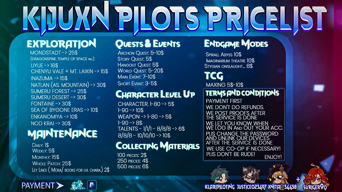 KlJuXnPilots's tweet photo. ✈️KLJUXN PILOTS ✈️
🎮 Too busy playing your favorite game ?

💫 Need help with:
✅ Quests
✅ Events
✅ Exploration
✅ Endgame Content & more

📩 DM/Fill the form to commision us !
📋Form: https://t.co/jdFEsqMWgs
 💬Discord server: https://t.co/YBpu1lOofl
↓Price List ↓
↻+♡  are always appreciated !

#GenshinImpact #Piloting #GamingServices #GenshinPilots