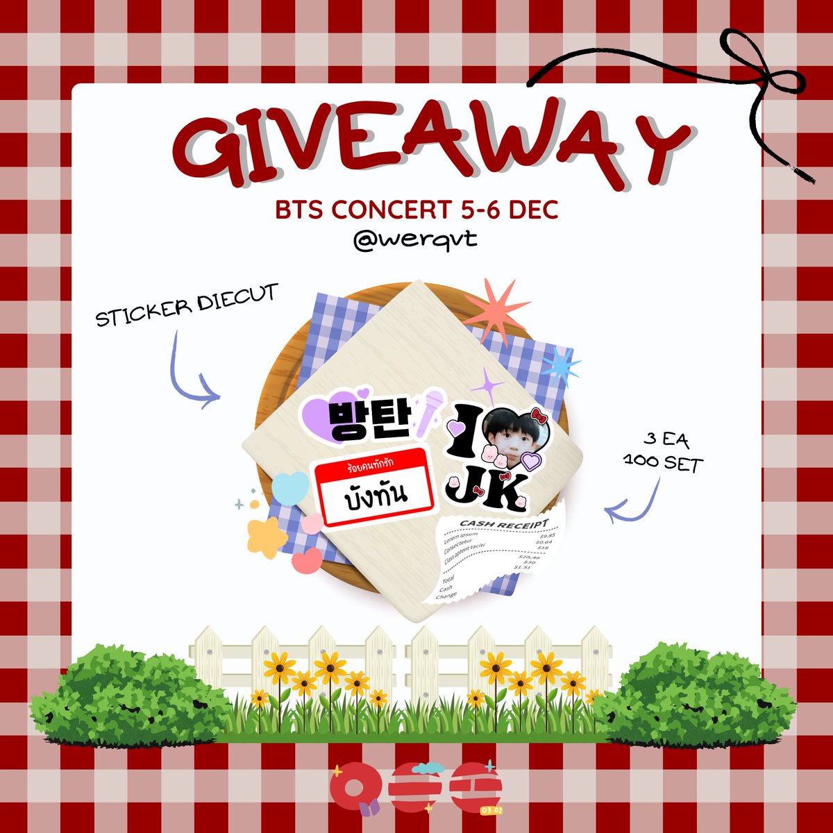 werqvt's tweet photo. ⤷ ゛Pls kindly rt ˎˊ˗
Giveaway for thai army’s ♡

5-6 DEC 2026ヽ(^。^)丿

Sticker diecut 100 set ( 50 set for a day)
📍 Rajamangala Stadium
⏰ tba
🎀 rt &amp; show ^^

#BTS_WORLDTOUR_BANGKOK #BTS_WORLDTOUR_ARIRANG_BANGKOK https://t.co/EpOMF9amvR