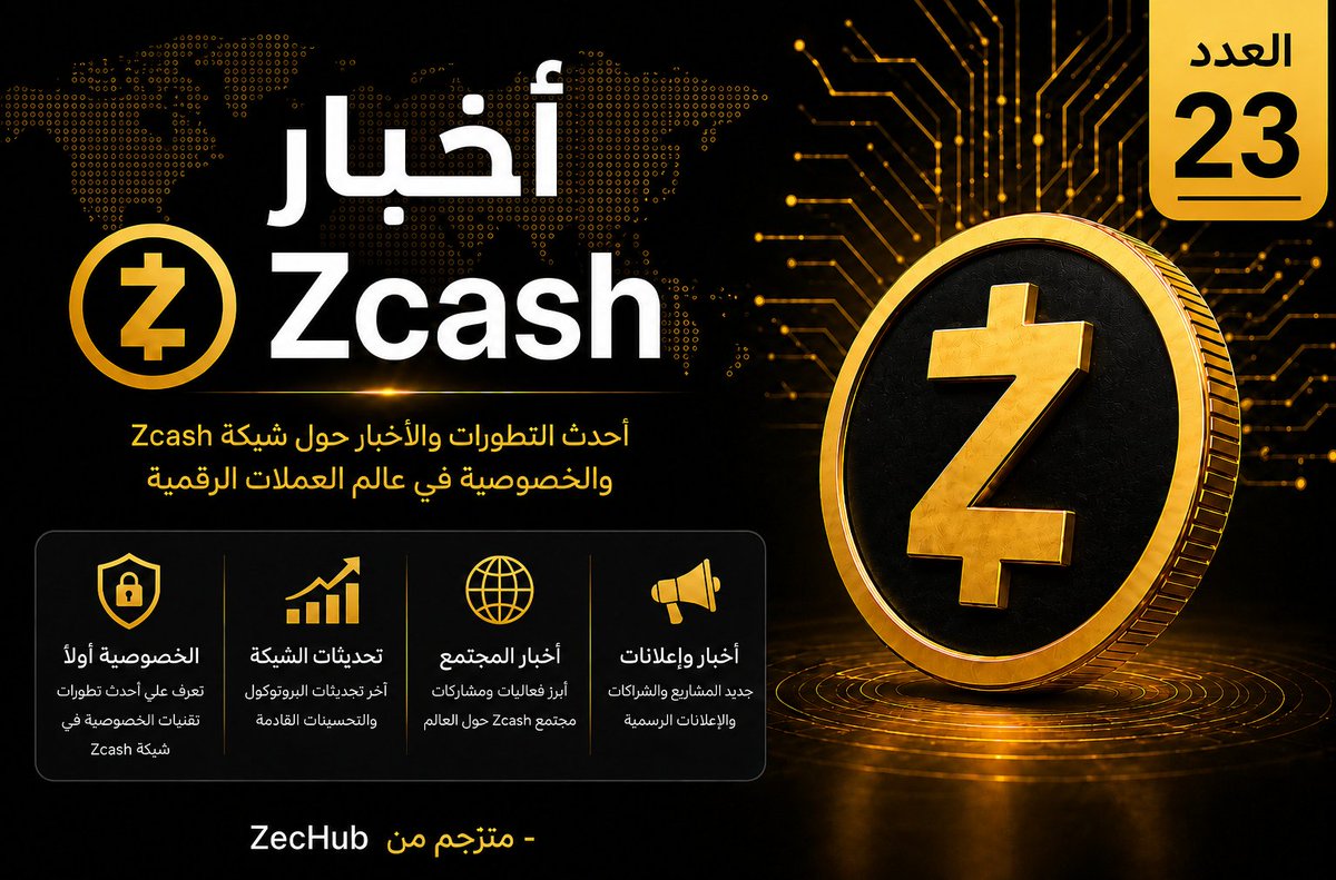 ZcashArabia's tweet photo. أخبار Zcash من ZecHub - العدد 23.
🎂 حدث Zcon7 — كانكون أكتوبر 2026
🗺️تكامل @ZecMap مع @FlexaHQ 
🗳️ انتخابات @ZcashCommGrants جارية
🏛️ إطلاق PGPZ
📱إطلاق إصدار 3.6 من @zodl_app والنمو المستمر

للمزيد: https://t.co/jHSOyWNdIx https://t.co/IESQk9mpiV