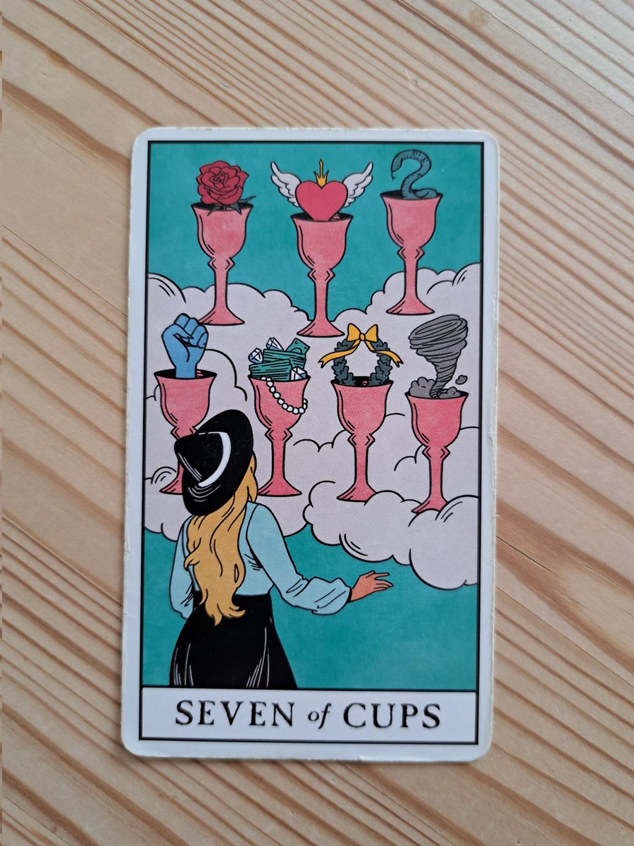 Laurajk32's tweet photo. Today's card is 7 of Cups 

Every opportunity we're given has pros and cons attached. Unless we ask up front, the cons don't appear until we've committed. 

#prosandcons #decisions 

#tarot #tarotmessage #LauraJK32 https://t.co/WZRHPeroYa
