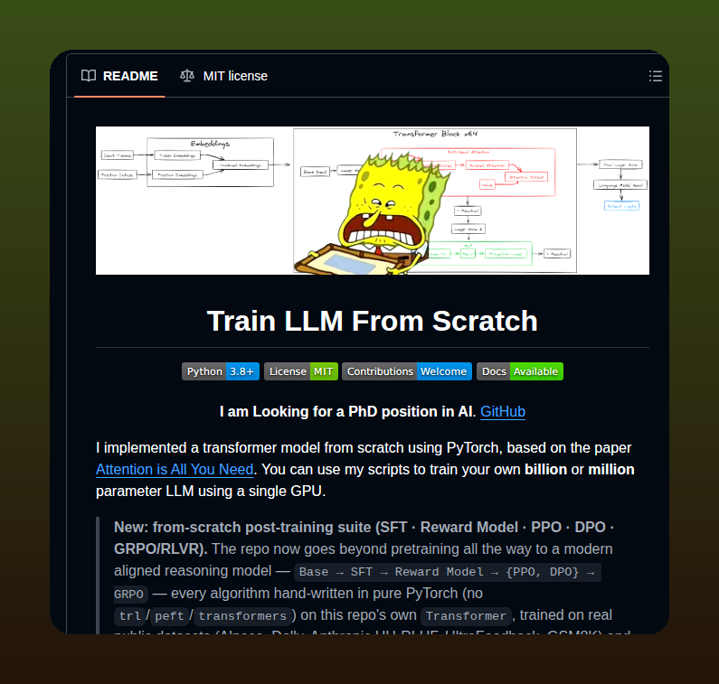 tom_doerr's tweet photo. Train LLMs from scratch on a single GPU

https://t.co/dPdsrSfSFA https://t.co/JG8U2RAnin