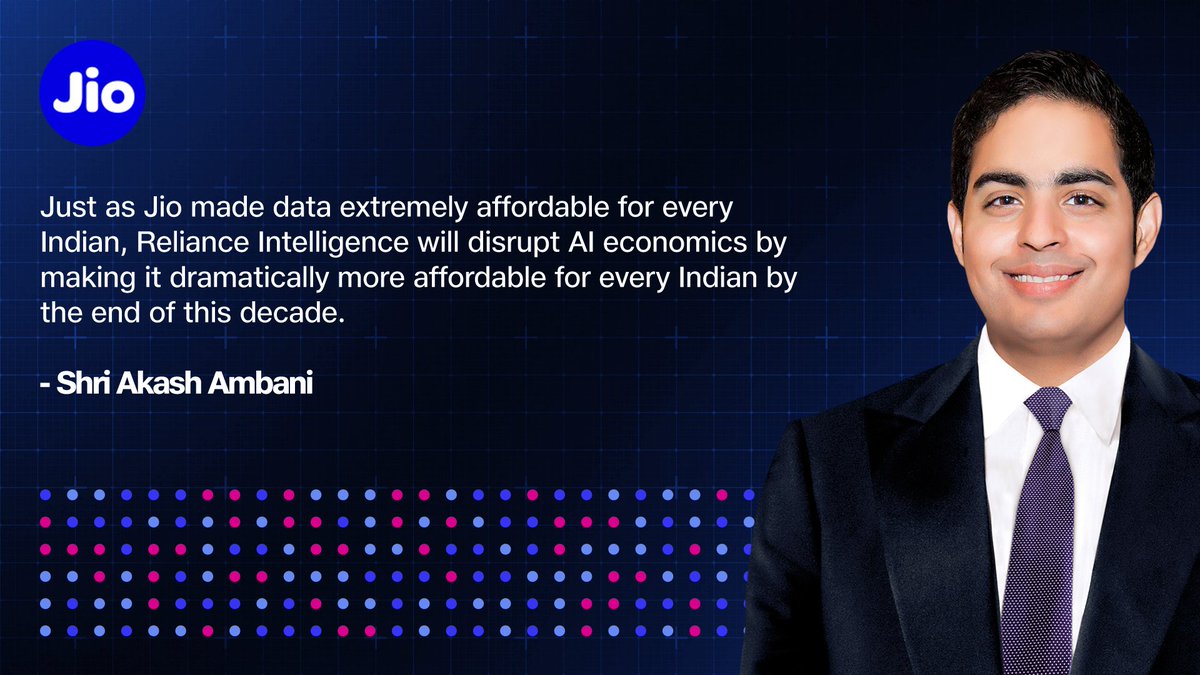 reliancejio's tweet photo. From Reliance Intelligence disrupting AI economics to building AI natively in Indian languages, Shri Akash Ambani states how Jio is developing AI in India, for India.    

#Jio #RILAGM2026 https://t.co/KDaHWnDLFs