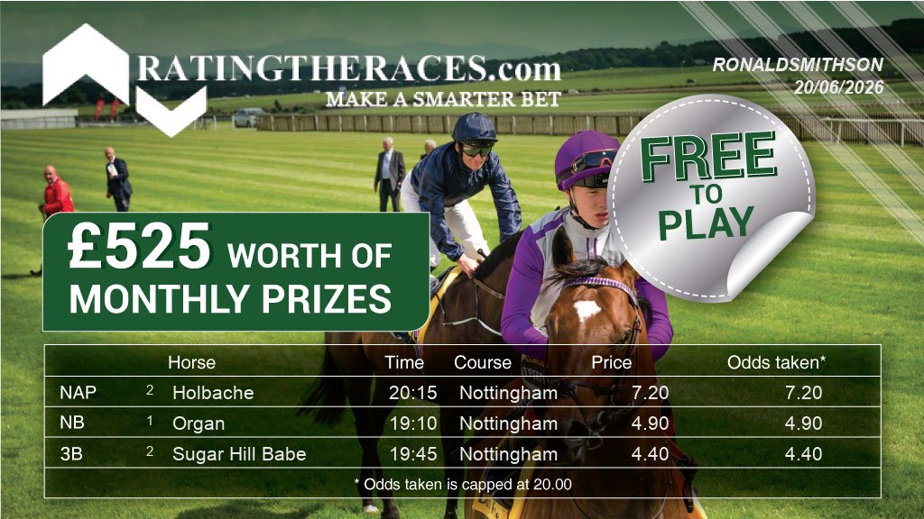 RonaldSmithson's tweet photo. My #RTRNaps are:

Holbache @ 20:15
Organ @ 19:10
Sugar Hill Babe @ 19:45

Sponsored by @RatingTheRaces - Enter for FREE here: https://t.co/uimMMtV8cp https://t.co/cJr02Jph4j