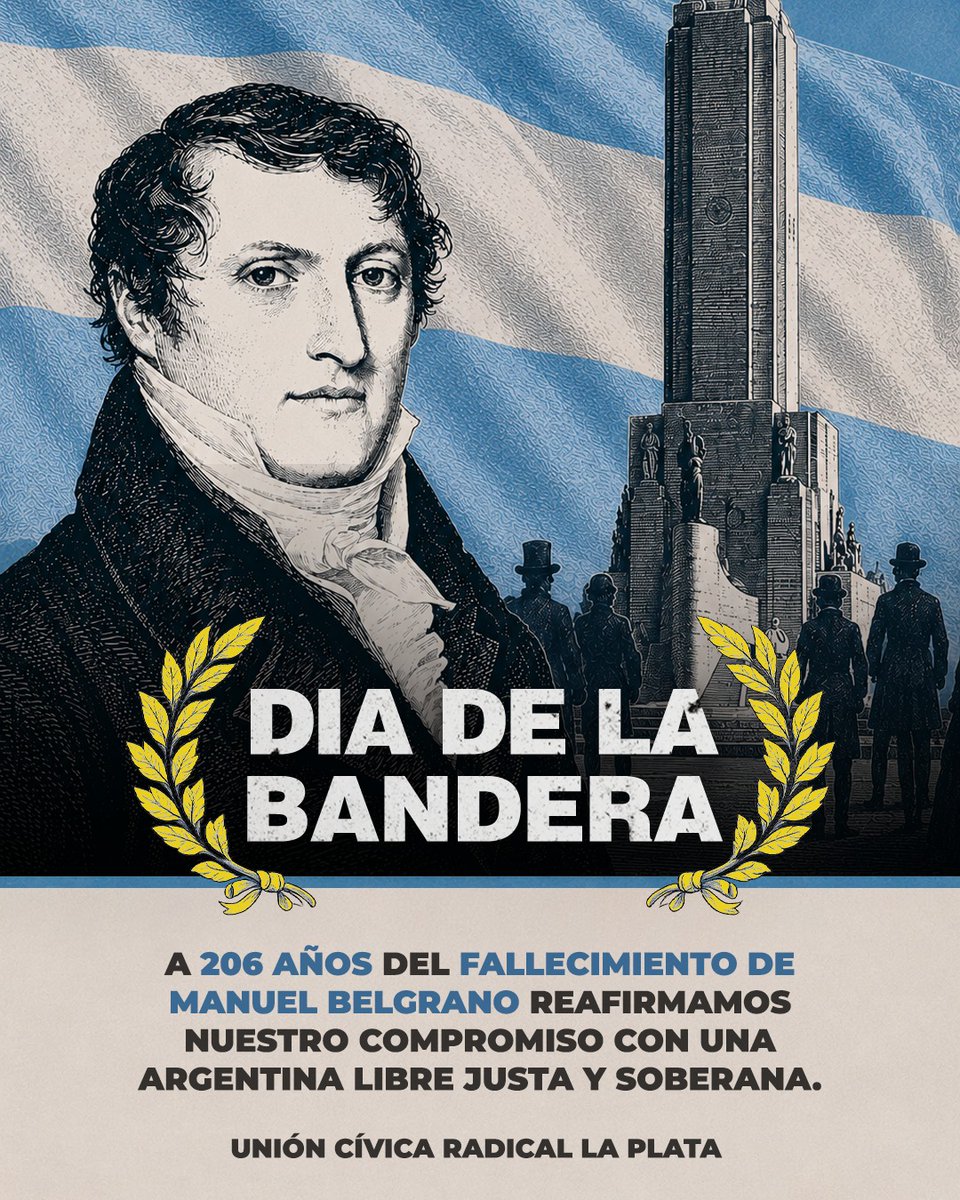 ucr_lp's tweet photo. "No tengo nada más que una bandera: la de la Patria, que flamea en el ámbito de toda la República, en solidaridades fraternales de un mismo gran destino." — Hipólito Yrigoyen.

Hoy conmemoramos con orgullo la creación de nuestra bandera, la que se izó por primera vez en 1812 a la orilla del Paraná. Símbolo de un pueblo que quería libertad y ser dueño de su destino.

Recordamos el legado eterno del prócer Manuel Belgrano, en estos tiempos difíciles,  trabajando por un futuro mejor para todos los argentinos.