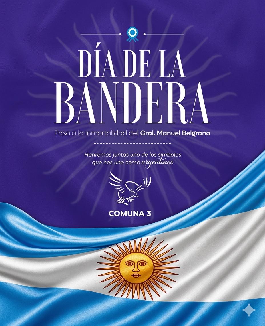 LLAcomuna3's tweet photo. Hay símbolos que nos abrazan, que nos recuerdan quiénes somos y la historia que compartimos. Nuestra Bandera es uno de ellos: un emblema que nos une bajo los mismos colores, los mismos sueños y el mismo amor por la Patria. 

La Comuna 3 les desea un feliz Día de la Bandera. 🇦🇷💜 https://t.co/uvXDGQuZag