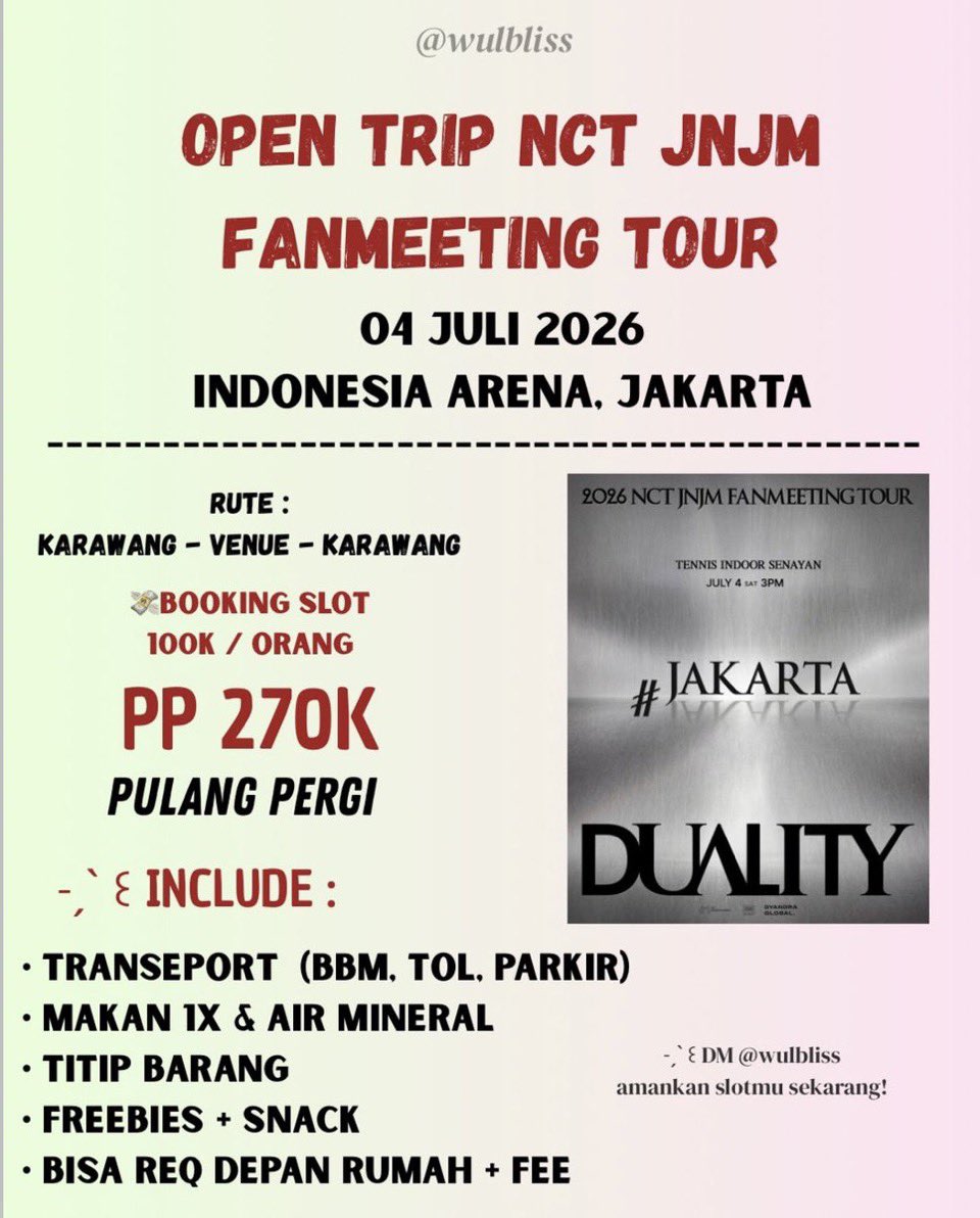 wulbliss's tweet photo. HALO SIJEUNI KARAWANG👋🏻‼️
๑ˎˊ˗  OPEN TRIP KONSER JNJM ♡

🗓️Sabtu, 04 Juli 2026
📍Indonesia Arena

💰 HTM :
｡⋆𖦹. 270K PP
~ bisa req sampe depan rumah + fee 
🚨 bisa dicicil sampai 30 Juni 2026
💌. segera booked karna seat terbatass !! https://t.co/ME91hKPijP