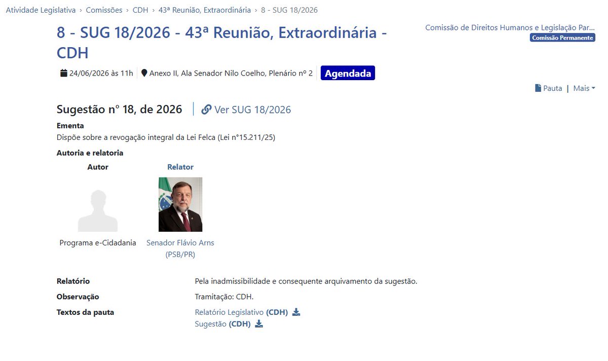 fellyume's tweet photo. CONCLUSÃO - LEI FELCA

Agradeço profundamente pelo apoio de todos.

Na próxima QUARTA-FEIRA (24/06) de manhã, será pautada na reunião do senado a SUG 18/26 (contra a Lei Felca)

Segunda-feira será nosso Dia D.

Precisaremos mobilizar para não deixar arquivarem. É a última chance. https://t.co/EyKK50z9mK