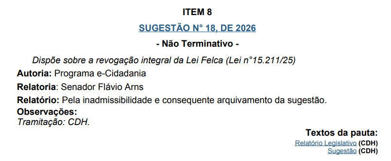 fellyume's tweet photo. CONCLUSÃO - LEI FELCA

Agradeço profundamente pelo apoio de todos.

Na próxima QUARTA-FEIRA (24/06) de manhã, será pautada na reunião do senado a SUG 18/26 (contra a Lei Felca)

Segunda-feira será nosso Dia D.

Precisaremos mobilizar para não deixar arquivarem. É a última chance. https://t.co/EyKK50z9mK
