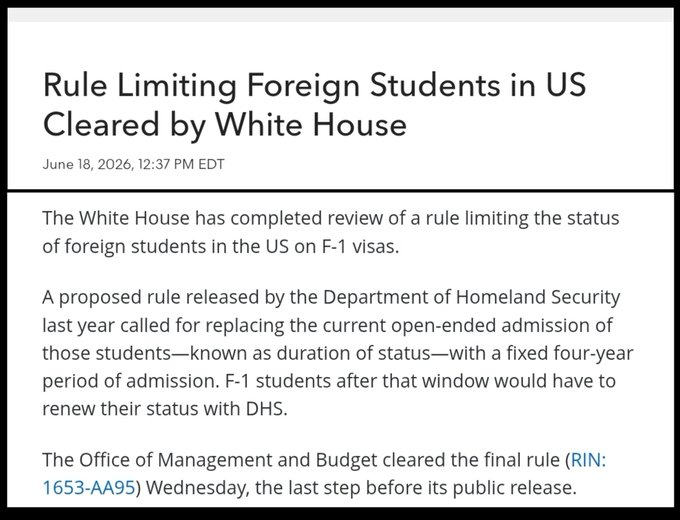 OwenGregorian's tweet photo. The White House is finally doing something to curb the foreign "forever students" who never go home | Not The Bee

Get a load of this greatness!

For years, we've been told that American universities are sacred temples of higher learning where the world's brightest come to enrich our culture, innovate, and … pay full international tuition to subsidize gender studies departments and DEI commissars.

Well, the Trump administration just took a small step to stop treating F-1 student visas like an all-inclusive, stay-however-long-you'd-like handout.

According to Bloomberg Law, the White House has cleared a final rule from DHS that would replace the ridiculous "duration of status" policy — where foreign students could basically stay indefinitely as long as they were "pursuing" a degree — with a fixed four-year admission period.

After that, they'd have to get their stay approved by Homeland Security.

This is nothing new from Trump. From Bloomberg Law:

The DHS proposal renewed an effort from the first Trump administration that was opposed by medical organizations and college groups, who said it would disrupt students' completion of degrees with unnecessary administrative hurdles.

Predictably, the higher ed crowd is pretending this is some kind of apocalyptic disruption that will prevent students from finishing their degrees.

(As if four years isn't enough time for most programs, or as if extensions couldn't be granted for legitimate cases.)

It's not gonna be that bad, folks.

Seriously, universities have been hooked on this international cash for decades now.

Chinese students alone poured billions into the system.

Some of these students were genuine scholars, sure.

Others were spies, IP thieves, or just part of the larger game of flooding the country with people who have no intention of assimilating. 

Amazing that it took this long to get this done.

https://t.co/D1IOC9YAer