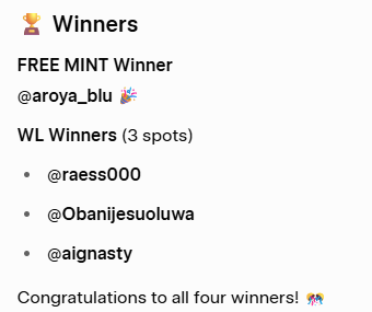 Crazielabs's tweet photo. Here are our winners! Grok has spoken!
@aroya_blu FREE MINT WINNER
@raess000 @Obanijesuoluwa @aignasty 
Since you guys just won on the personal account promotion @aignasty @raess000 as well I will give you the option of passing on your extra WL to maybe one of your tagged friends?
If you do so I will drop you some $Crazie tokens to flip on our #CrazieCoinFlip
Your choice! Designate a friend and receive a free flip of 500 $Crazie tokens! Or keep the second WL!
Please send details as well as your choice!