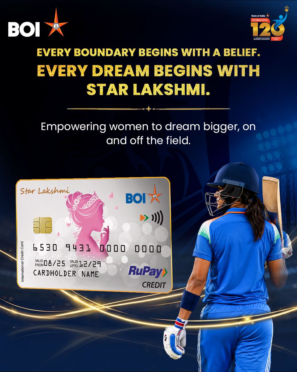 BankofIndia_IN's tweet photo. From the cricket pitch to life's biggest ambitions, success comes to those who keep moving forward. Celebrate the spirit of achievement with Bank of India's Star Lakshmi Credit Card—designed to support women at every stage of their journey.
#StarLakshmiCard #BankOfIndia https://t.co/oD0kxq6uyy