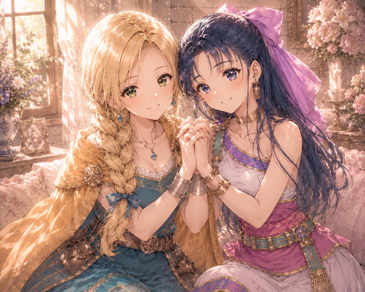 PrincessNAO1997's tweet photo. 新作『ドラゴンクエストモンスターズ4 枯れ木の国のビアンカ・フローラ』で主人公に抜擢された記念に、DQ5のヒロイン2人（ビアンカ＆フローラ）を作成してみました😃 
子供時代から大人になった姿まで、別趣向で3枚作っちゃいました！ 
公式サイトはこちら→ https://t.co/zY0cn7rSWu 
ドラクエ5愛が爆発してます…！ 

#ドラゴンクエストモンスターズ4 #DQモンスターズ4 #DQ5 #AIart